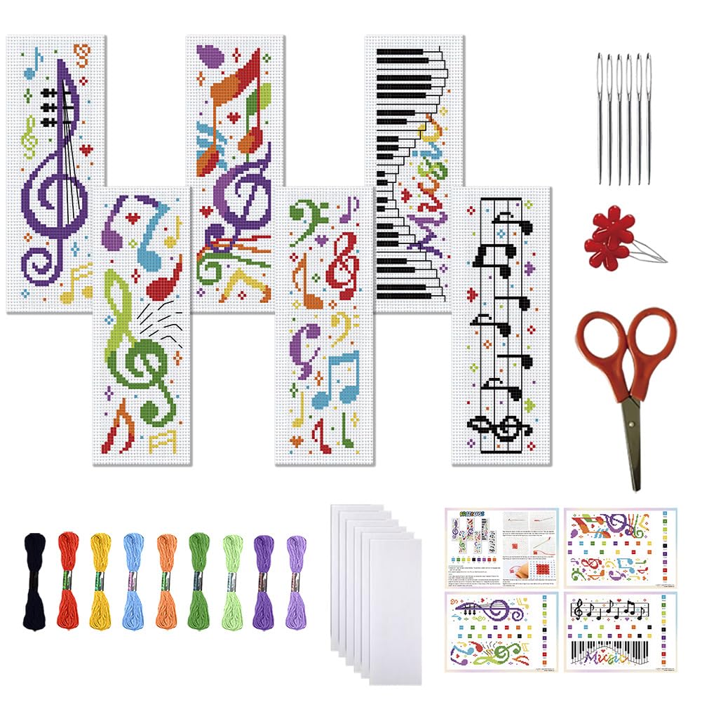 FREEBLOSS 6 Set Cross Stitch Bookmark Kit 11CT DIY Cross Stitch Kits Music Elements Pattern Stamped Embroidery Kit with Instructions Bookmark Making Set for Adult Beginners 8x2.4inch — image 1