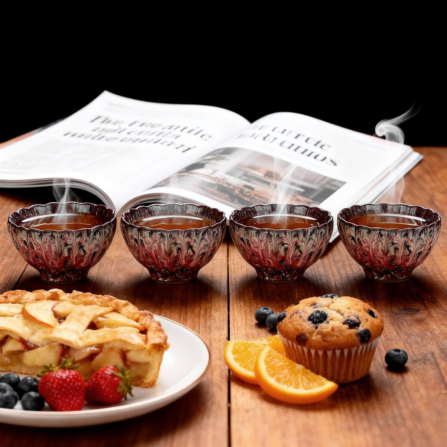 4 Pcs Handcrafted Chinese Tea Cups - Pink Glaze Jianzhan Tenmoku Tea Cup - 4 oz Petal Shaped Ceramic Cup with Silver Accessories Inlay, Ideal for Kungfu Tea Ceremony, Home Decor & Collection Gift
