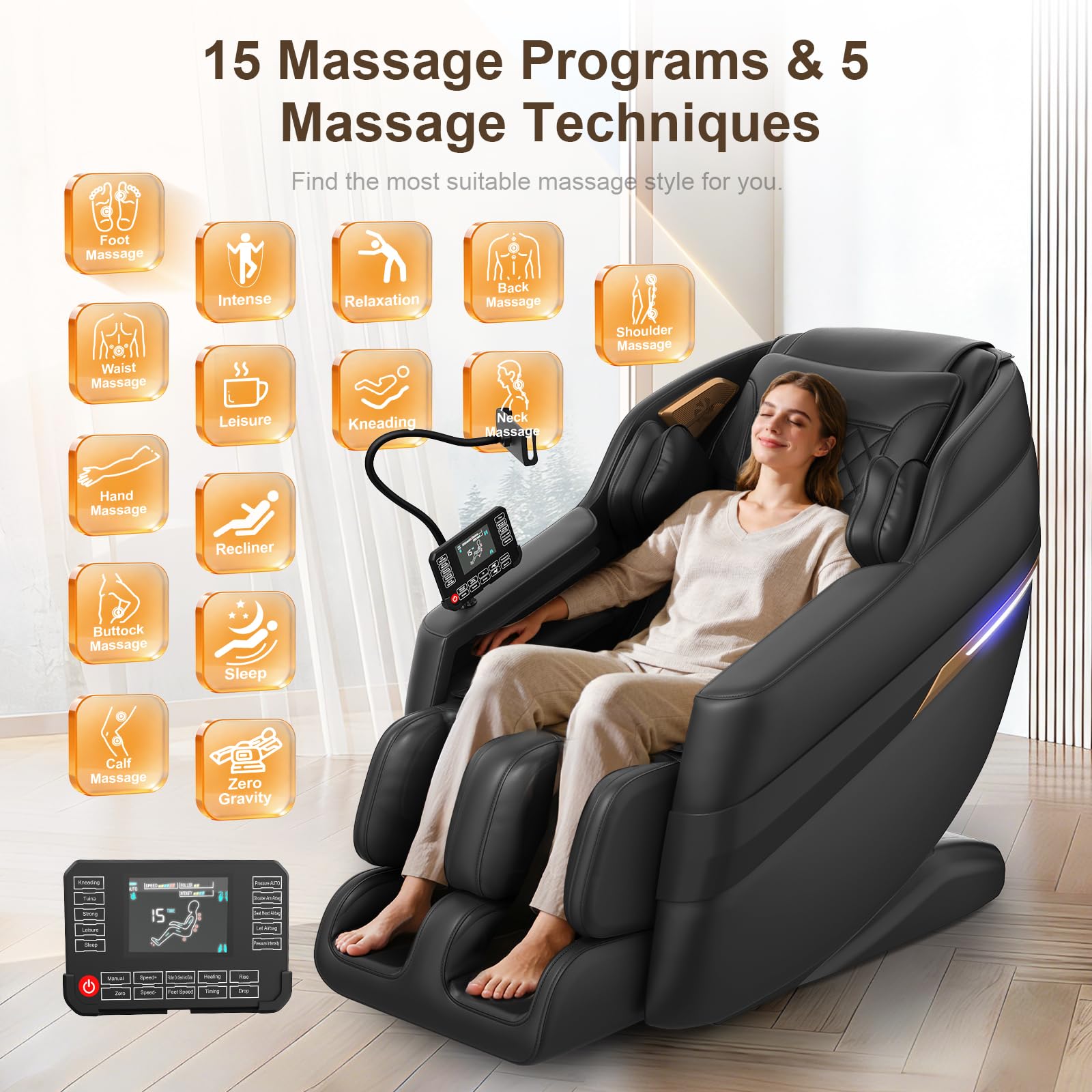 FURNIMAT Sillón de Masaje 3D, sillón de Masaje Corporal Completo SL-Track, 8 airbags, calefacción en piernas y Cintura, Control por Voz con IA y Altavoz Bluetooth, Gravedad Cero