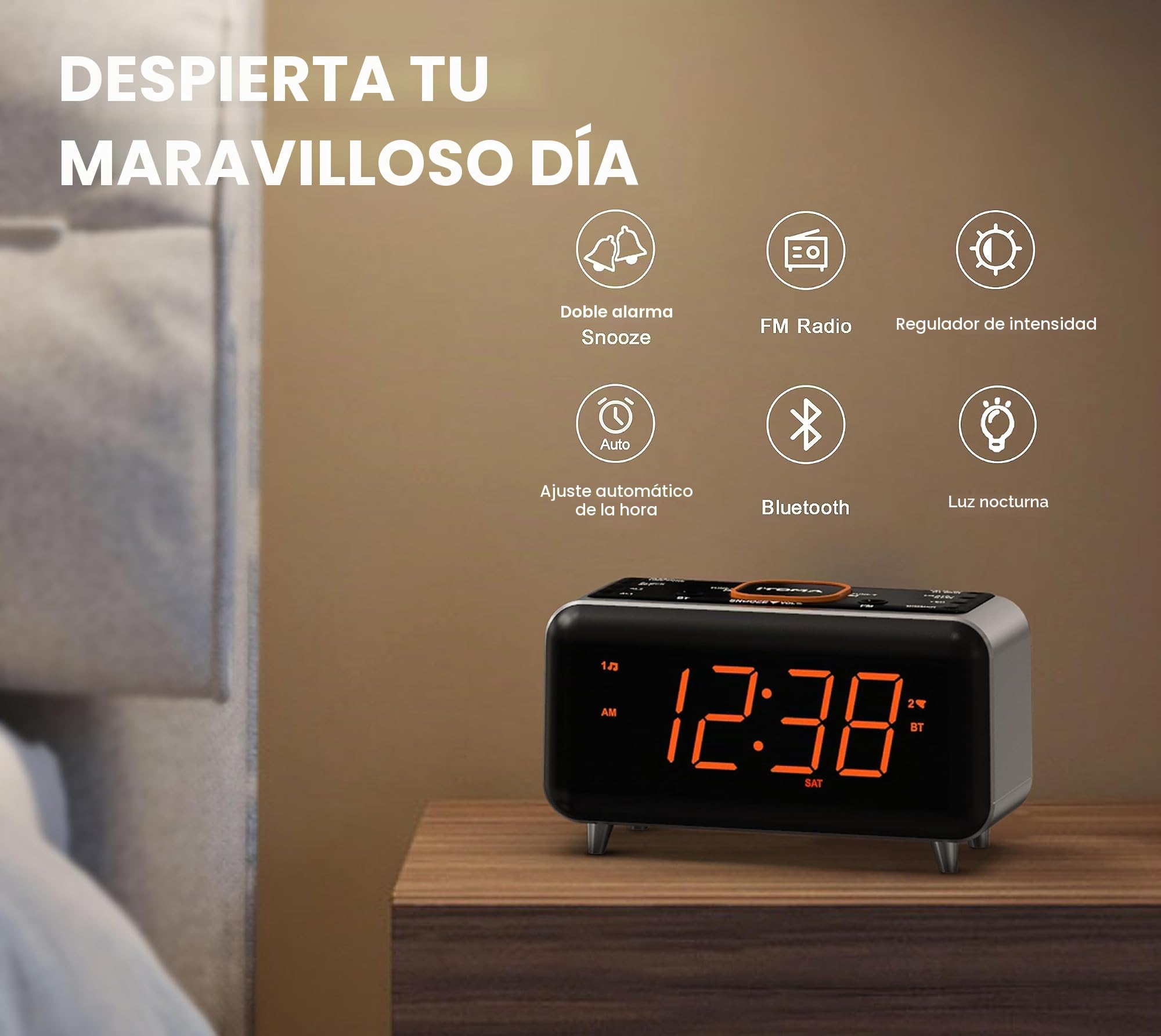 iTOMA Despertador de Radio con Control de aplicación, Bluetooth, Radio FM, Dual en Cuatro Modos de Despertador, Siesta fácil, atenuador, luz Naranja Nocturna, Puerto Cargador USB 208