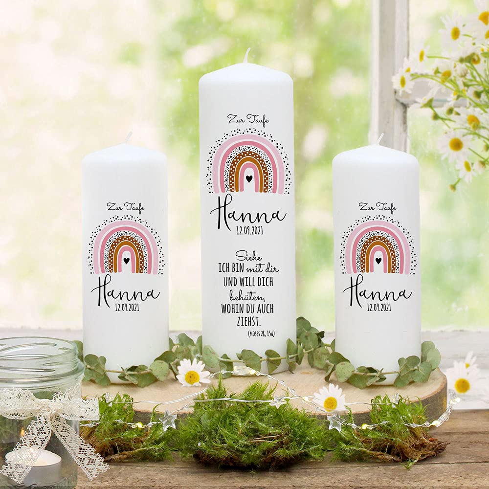 Taufkerze Patenkerze Gastkerze Lichthülle Kissen Rainbow Regenbogen Punkte rosa Wunschname Spruch wk208 - ausgewählte Größe: *4. 1x Taufkerze + 2x Patenkerzen*