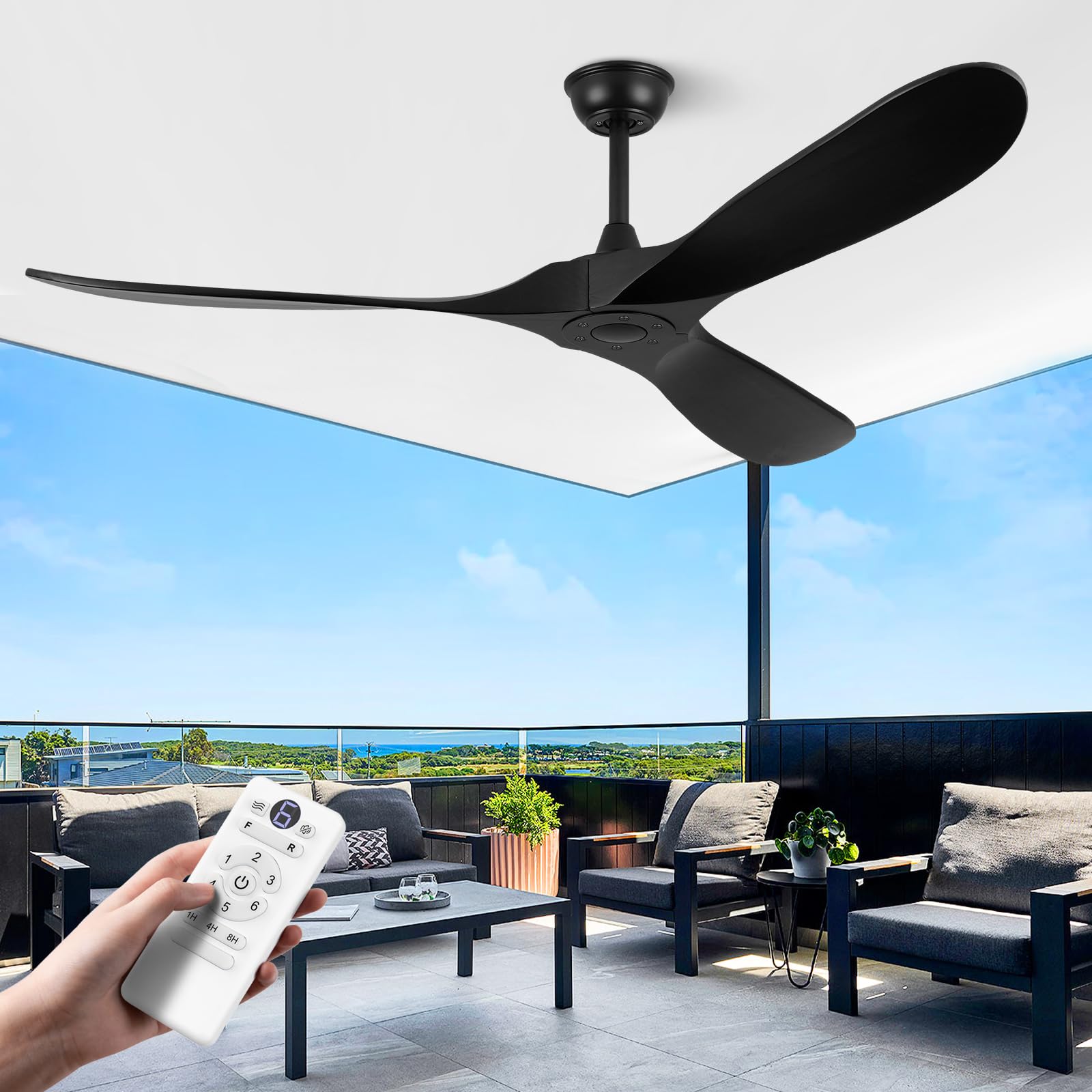 Photo 1 of ABZ Ceiling Fans without Lights - 60 Inch Ceiling Fan no Light, Black 3 Blade Solid Wood Indoor Outdoor Ceiling Fan with Remote Control for Patios Living Room Bedroom
