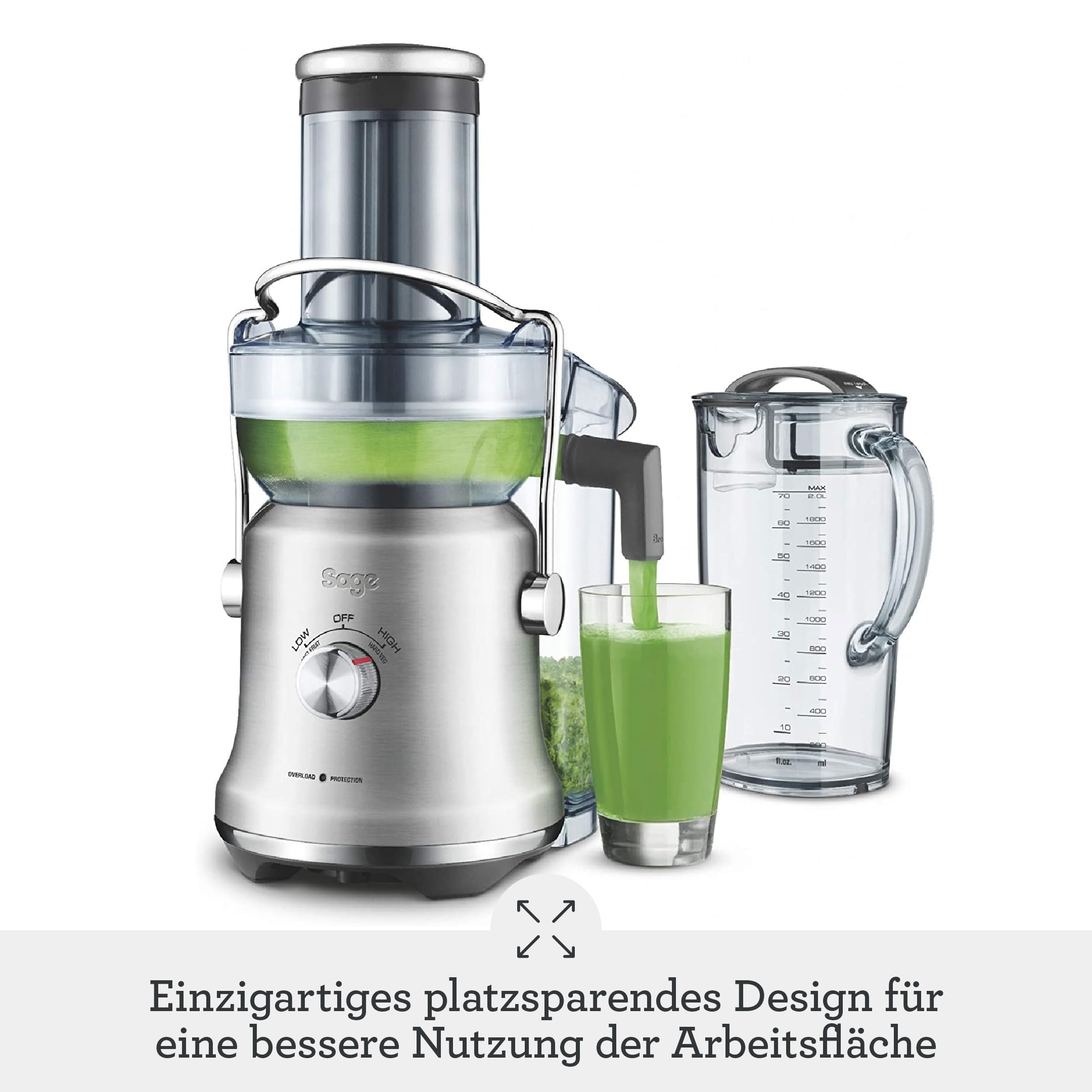 Sage - The Nutri Juicer Cold Plus - Entsafter Gemüse und Obst - 2 Liter Krug, 2 Geschwindigkeitseinstellungen, 88-mm-Einfüllschacht - Obstpresse, Schnell, direkt ins Glas - Gebürsteter Edelstahl