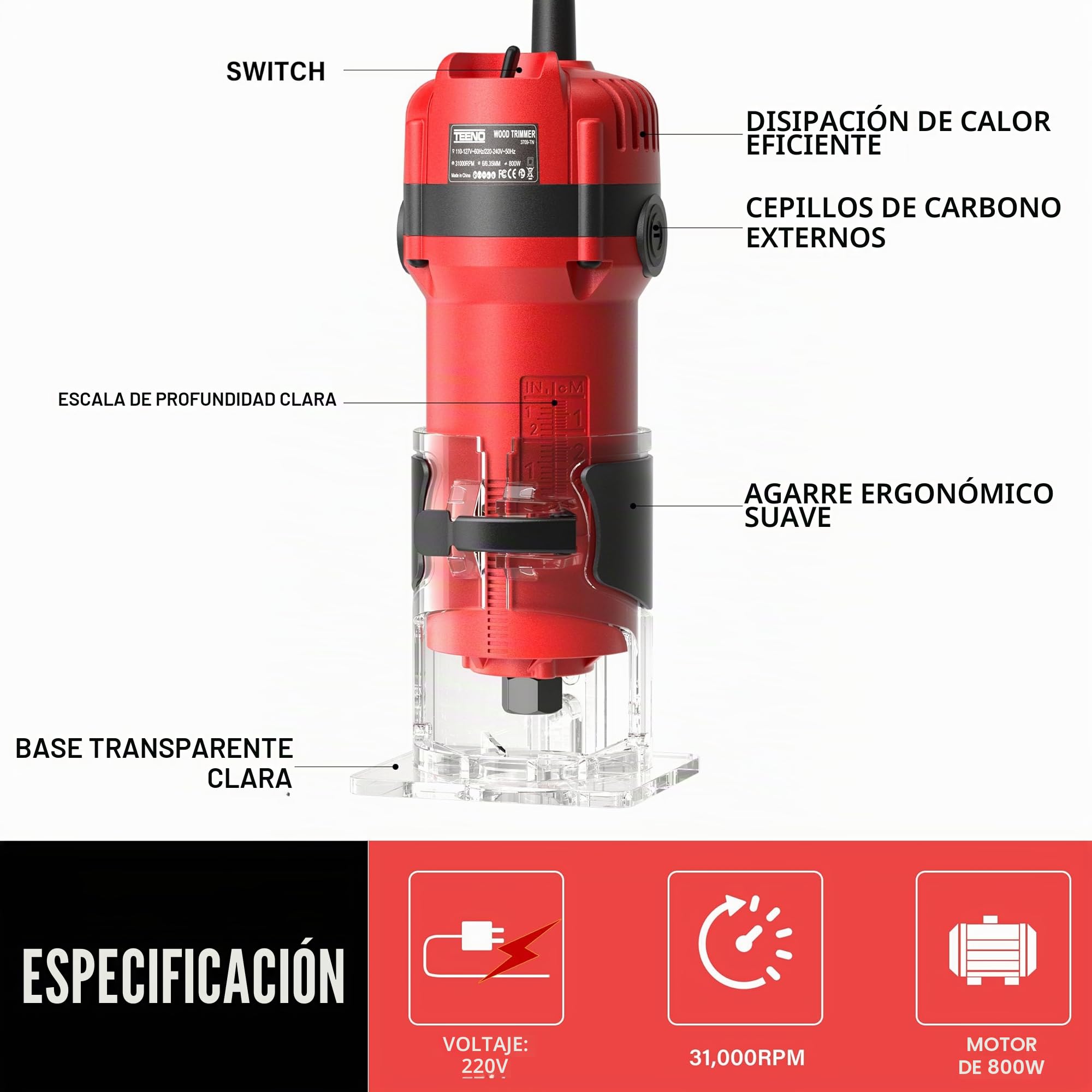 TEENO Fresadora De Madera Rebajadora Eléctrica 800W 31000 RPM CON EXTRACTOR DE POLVO, Fresadora EléCtrica Para Madera Con 15 piezas 1/4'' Alicates, Brocas de base fija de 6/6.35 mm