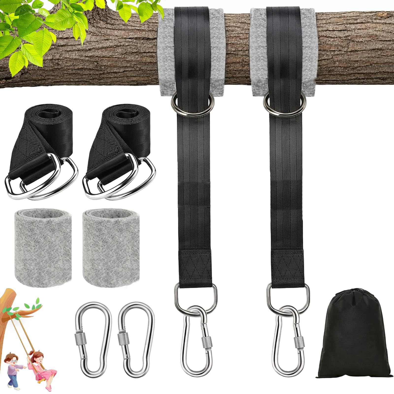 900 kg Correas Hamaca Kit Columpio, Fijación Suspensión 2 x 150 cm con Mosquetones, Anillos en D, Protectores de Árbol y Bolsa para Jardín, Camping, Uso Exterior