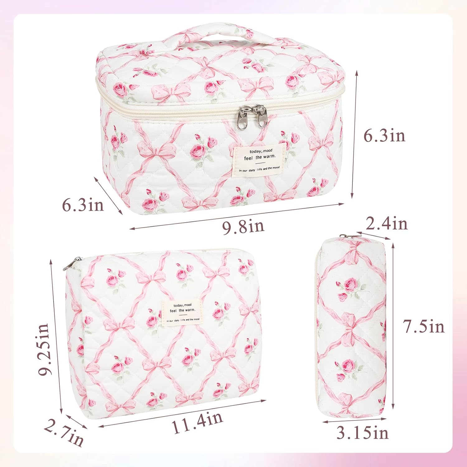 Anfly Makeup Bag, Quilted Cosmetic Bags, Large Floral Make Up Bag for Women, Cute Cotton Makeup Bag 3PC Set, Travel Toiletry Bag (Pink Bow) - Image 6