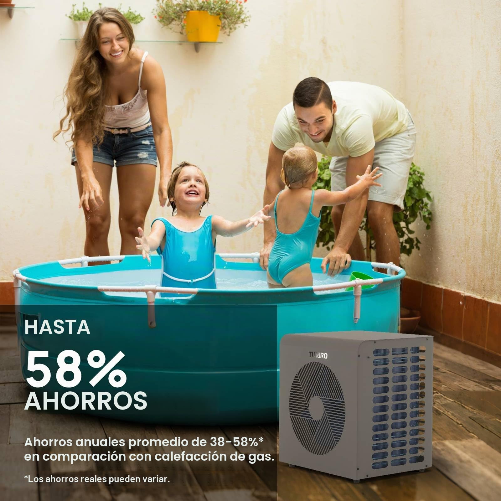 TURBRO Bomba de Calor para Piscinas Desmontables y Spas, hasta 20 m³, Intercambiador de Titanio, 6000 W | Calefacción y Refrigeración, COP de Hasta 9.38, Compresor DC Inverter, Válvula de 4 Vías, Protección IPX4, Fácil Instalación