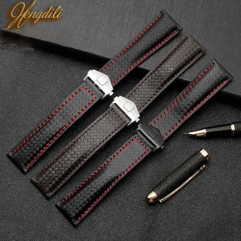 ZUC Carbon fiber texture genuine leather bottom watchband For TAG wristband black with red line strap 20mm with folding buckle