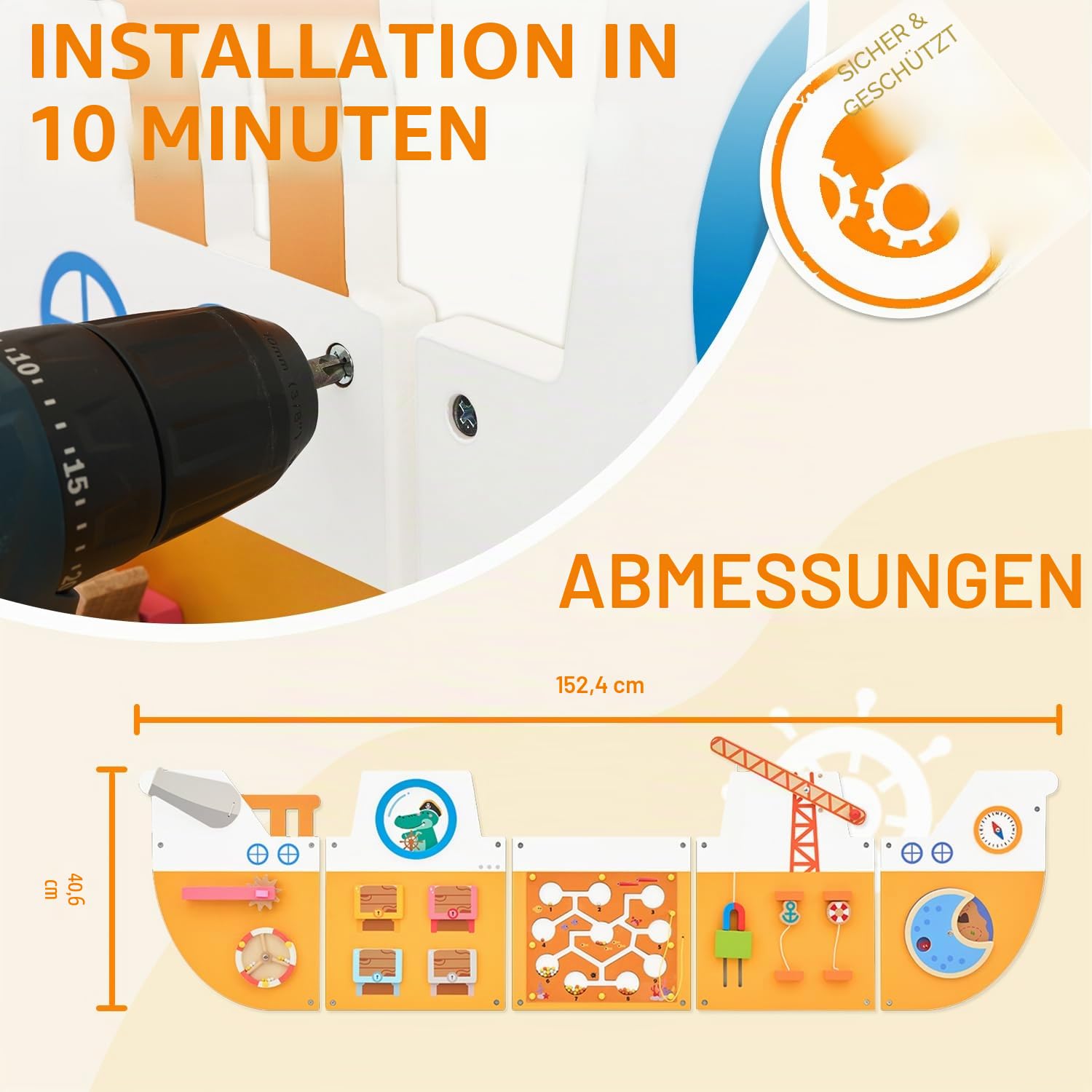 Monläurd Holzschiff Aktivität Wandpaneel für Kinder, sensorisches Wandspielzeug, Aktivitätswürfel, Wandspielzeug für Kleinkinder 1-3, Spielzimmer-Spielzeug, Kindertagesstättenmöbel, Montessori Busy