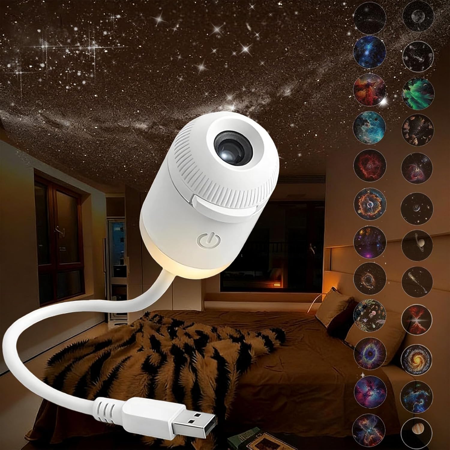 2-in-1 Galaxy Projector Night Light, 360° Rotating Galaxy Night Light Projector for Bedroom, USB Adjustable Starry Sky Projector with 3~24 Sliding Projection Films, for Car & Room Mood Decor (24-Pack)