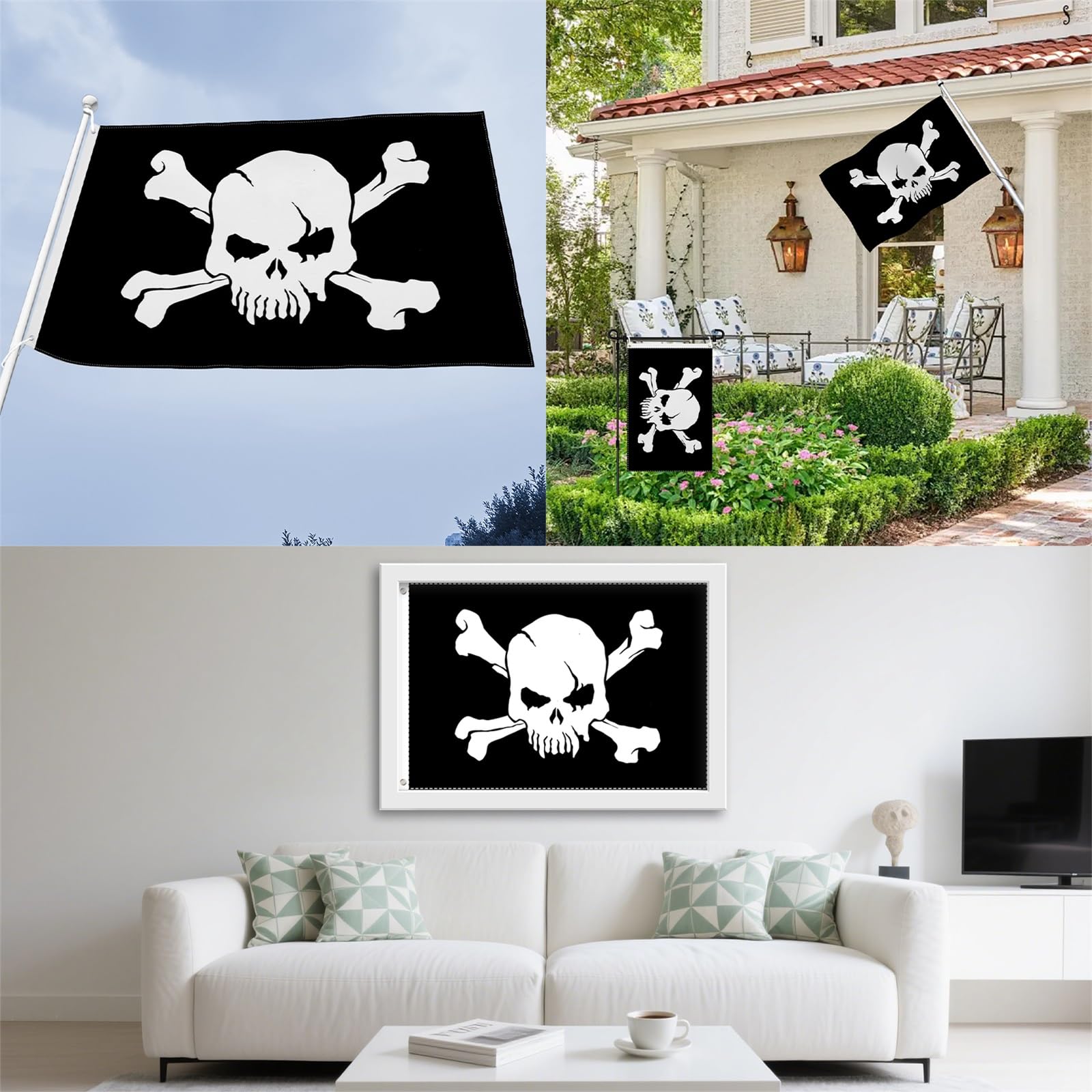 Aoihrraan Flaga piracka 1,8 x 3 m dwustronna Jolly Roger przerażająca czaszka kość skrzyżowane flagi szkielet baner na uroczystości na świeżym powietrzu do domu ogrodu ganku dekoracja flagi z 2
