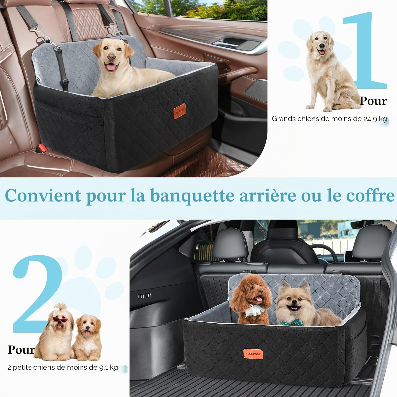 HEGGCOOE Siège auto pour chiens moyens/grands - Rehausseur pour animaux <25 kg ou 2 petits chiens, lit de voiture amovible et lavable pour siège arrière