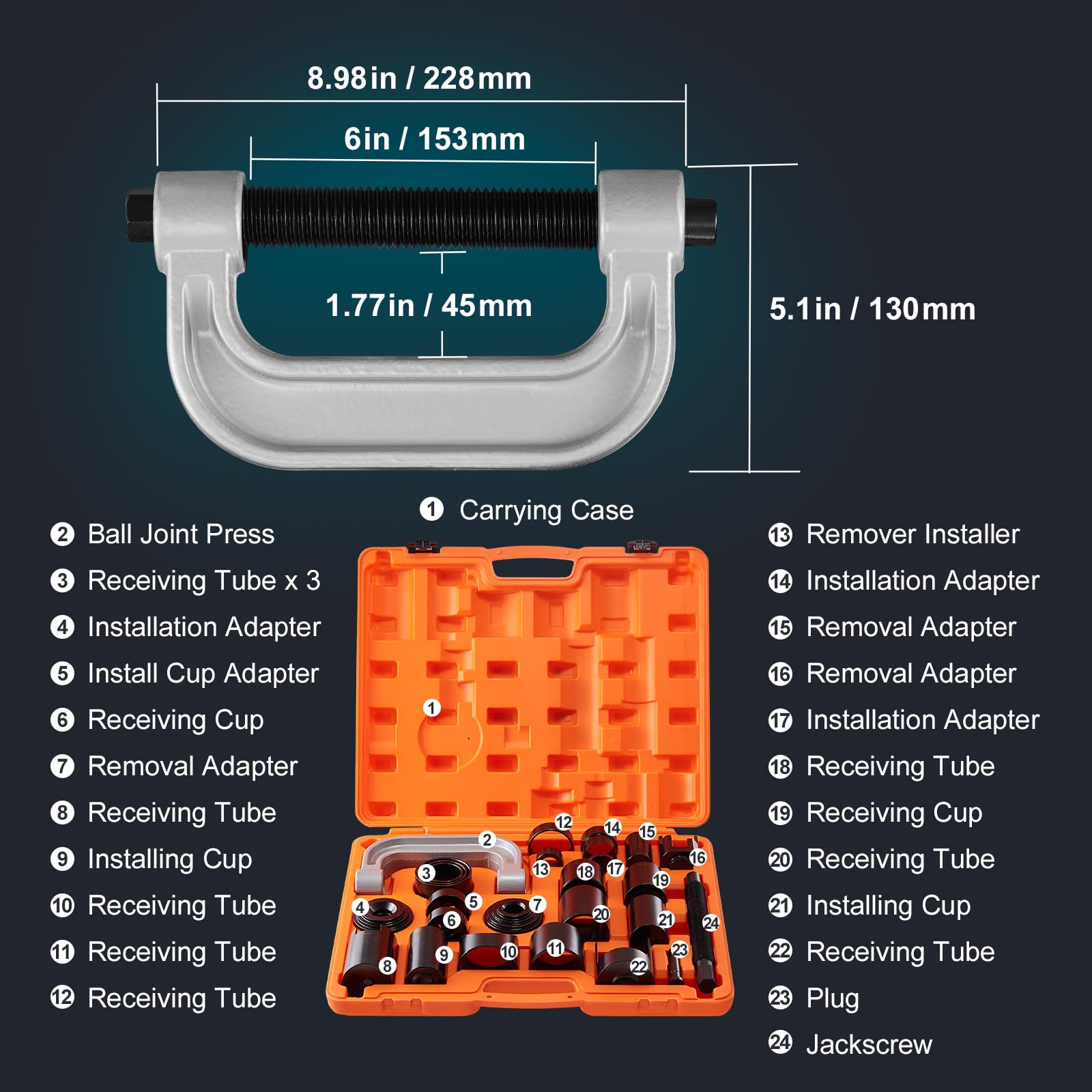VEVOR Kit di Pressatura per Giunto Sferico 25 Pezzi in Valigetta da Officina per Riparazione Veicoli in Materiale Acciaio al Carbonio per Auto 2WD/4WD, Kit Attrezzatura Giunti Sferici 25 Pz a Telaio C