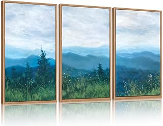 CHDITB Boho Blue Mountain Framed Wall Art Paintings(16"x24"), 3 Panels Blue White Sky Ridge Virginia Landscape Watercolor Canvas Artwork Printings, Large Modern Cloud Trees Nature Posters for Bedroom Living Room