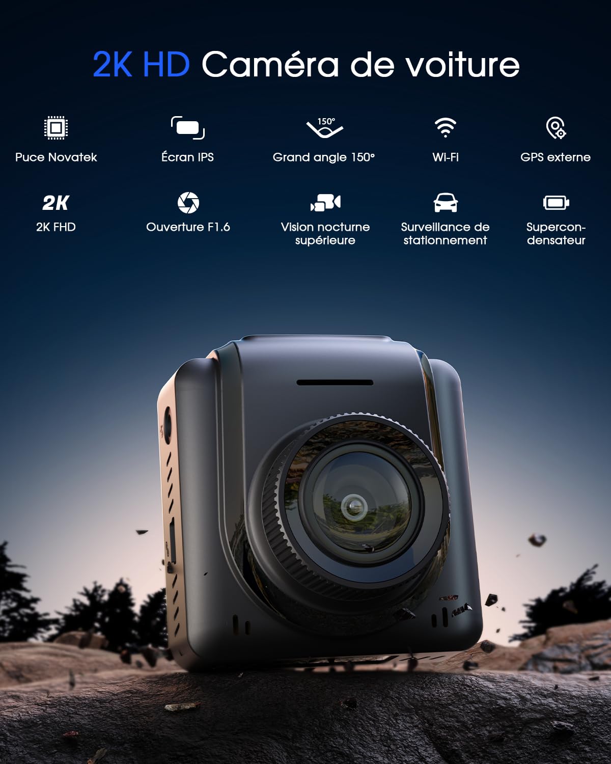 Avylet 2K Dashcam Voiture, 1440P Wi-FI Caméra Embarquée Voiture App, Mini Dash Cam Avant, GPS Externe, Écran IPS de 1.5", Vision Nocturne, WDR, 24H Mode Parking, Capteur G, Enregistrement en Boucle