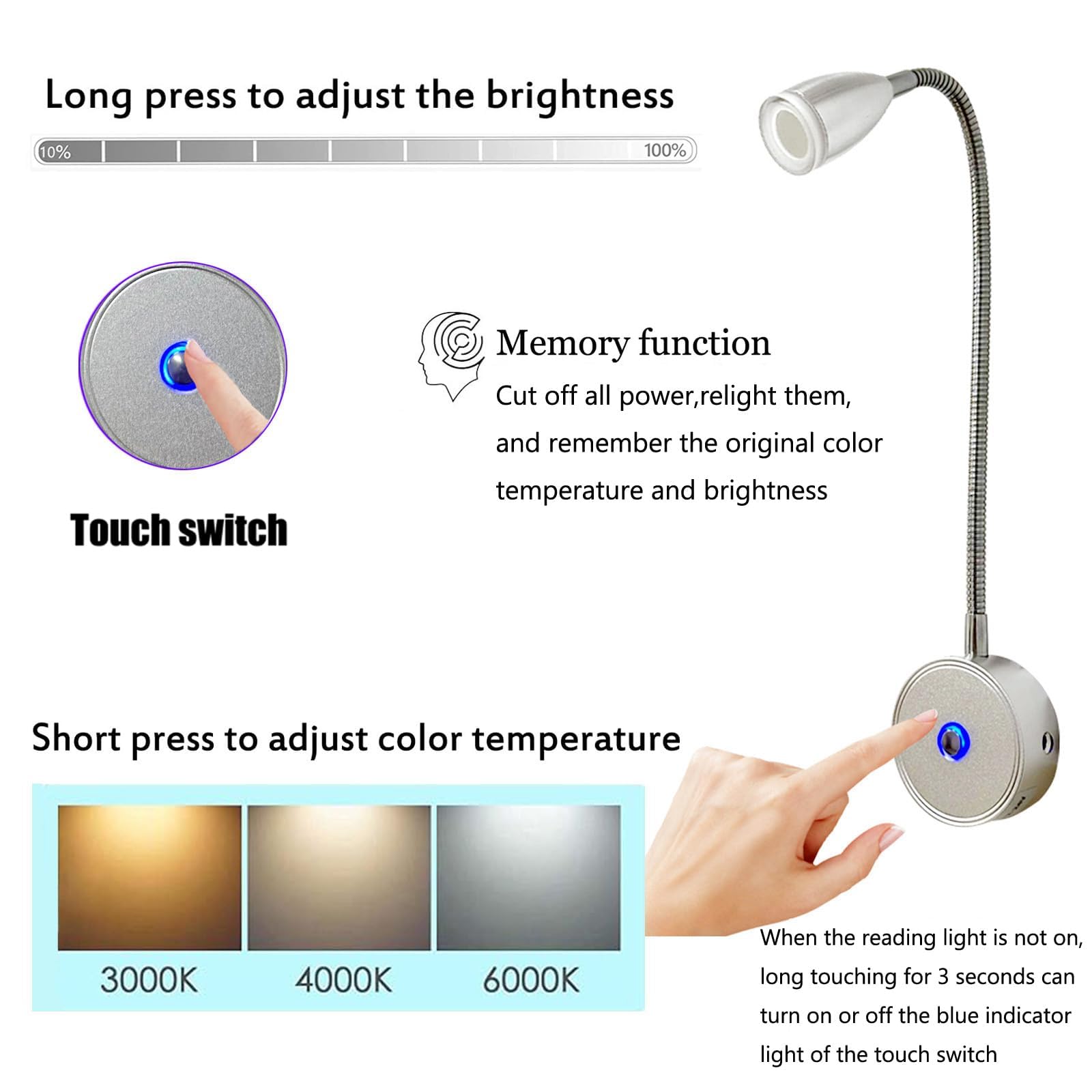 Lámpara de lectura LED de 12 V, 3 temperaturas de color, 3 W, variable, cuello de cisne flexible, DC12-24 V, para coche, camión, caravana, camping, barco (2 piezas)