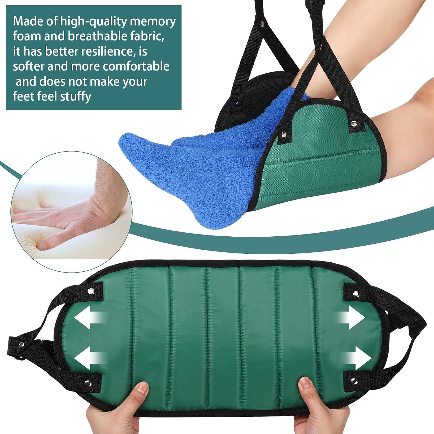 Yerliker Airplane Foot Hammock(Memory Foam) with Earplugs and Eye Mask Travel Necessities Adjustable Airplane Desk Foot Rest for Long Trip Pain and Swelling Relief(Green)