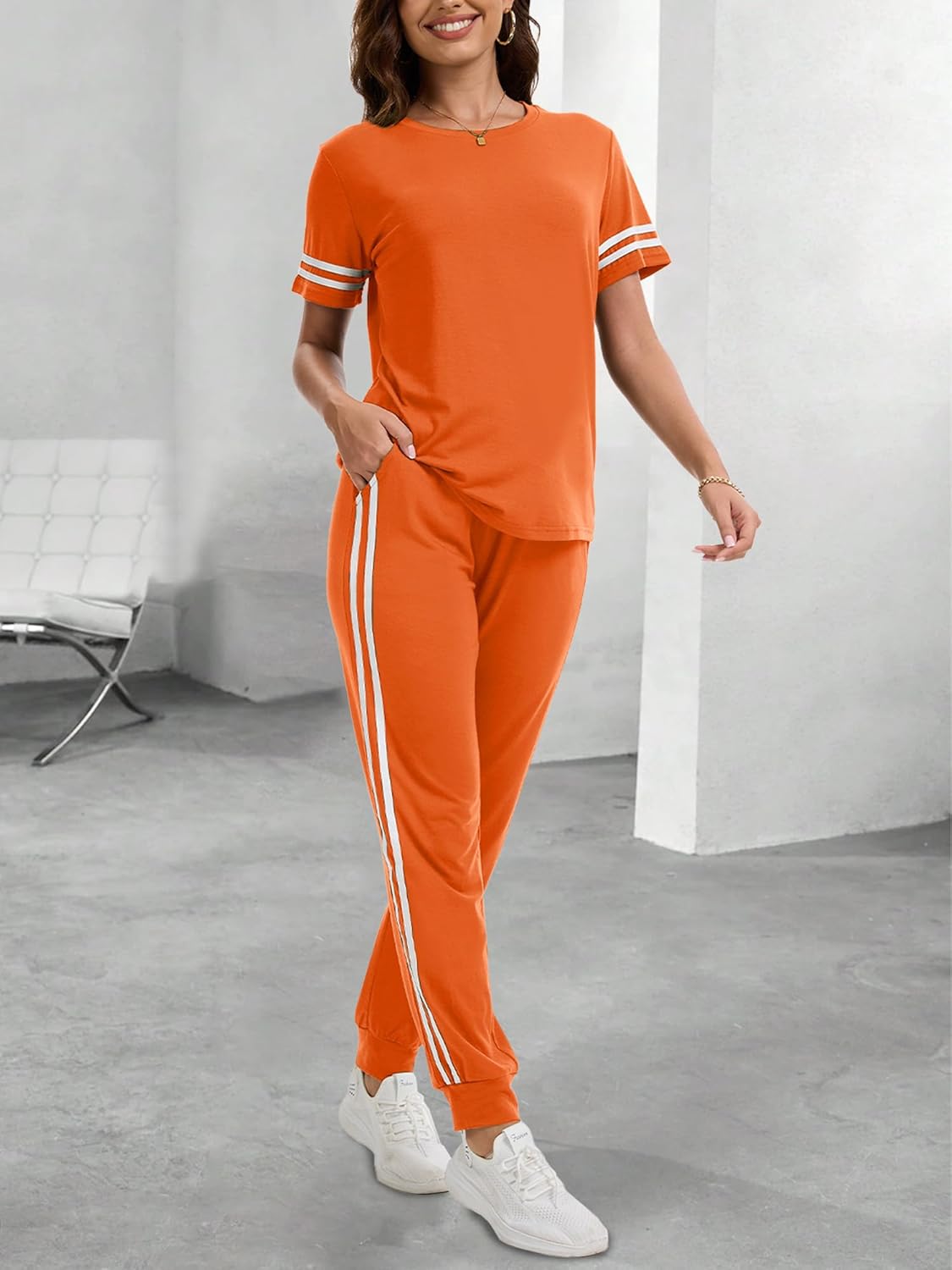 KBKBSN Women 2 Piece Outfits Summer Set Striped Short Sleeve Sweatsuits Crew Neck Pullover Lounge Tracksuit with Pocket Orange XL - Image 4