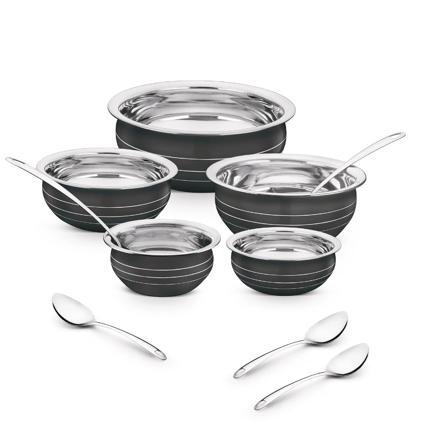 Classic Essentials Patila Set with Serving Spoon | Biryani Cook & Serve | Kitchen Cookware Set | Induction Cookware Set Stainless Steel (300ml, 550ml, 750ml, 1100, 1500ml (Black) Classic Essentials Patila Set with Serving Spoon | Biryani Cook & Serve | Kitchen Cookware Set | Induction Cookware Set Stainless Steel (300ml, 550ml, 750ml, 1100, 1500ml (Black)