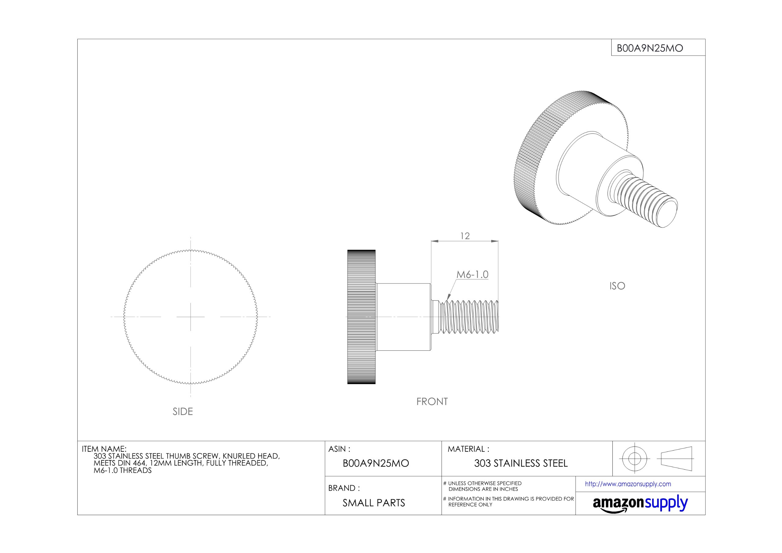 303 Stainless Steel Thumb Screw - M6-1.0 Thread, 12mm Length, Knurled Head DIN 464