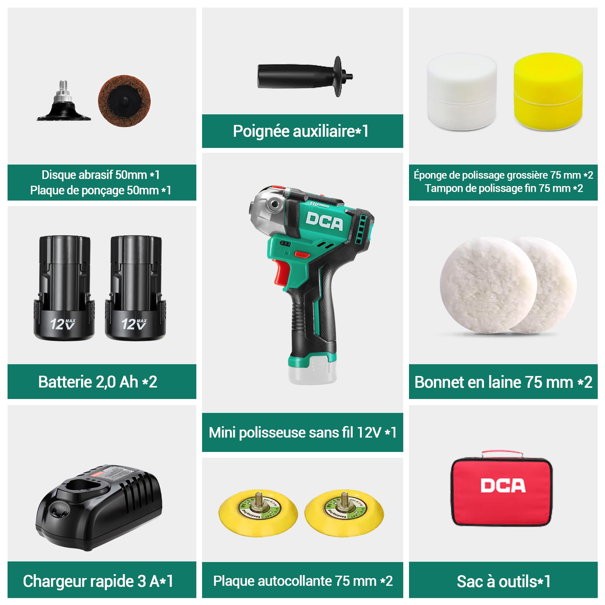 DCA Mini Polisseuse sans Fil 12V, 75mm Mini Polisseuse Voiture Sans Balais et 50mm Ponceuse , 2 Batteries 2,0Ah, 2 Vitesses 2800-8300 tr/min pour Polissage/Lustrage/Ponçage/Cirage Automobile