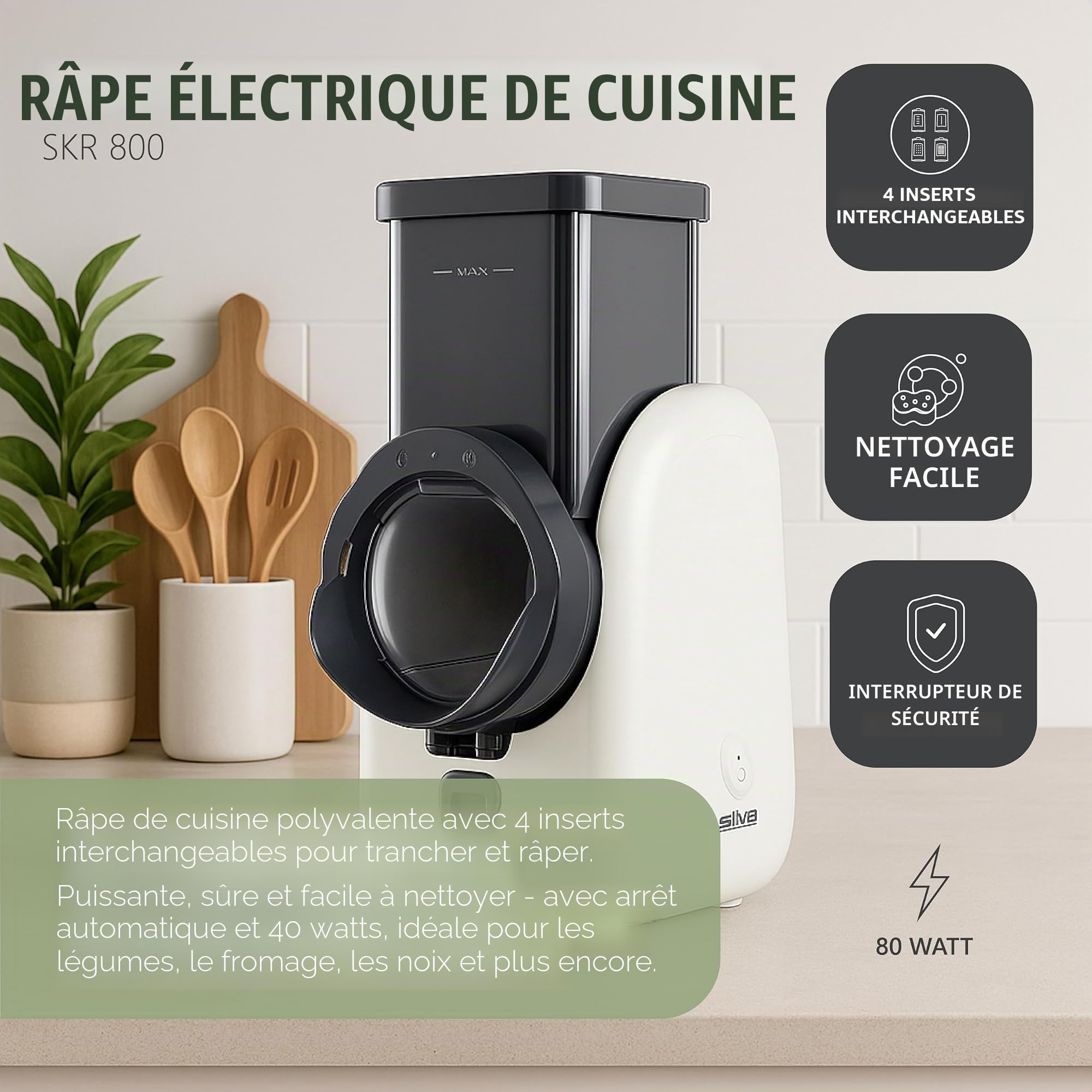 Silva Schneider SKR 800 Râpe électrique de cuisine, 80 W, 4 inserts de coupe, lames rotatives en acier inoxydable, design sûr, sans contact, nettoyage facile, blanc/gris foncé