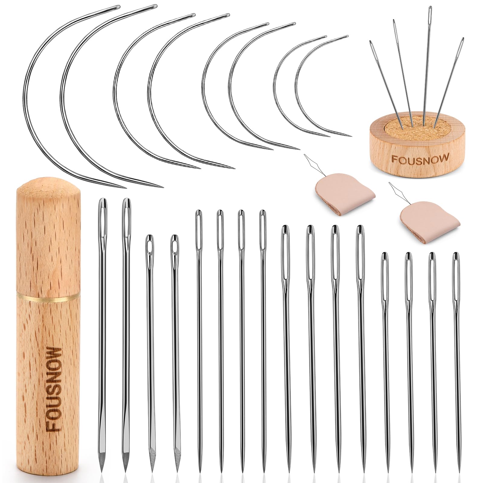 FOUSNOW 28 Pcs Leather Sewing Needles Kit, Heavy Duty Sewing Needles Kit with Upholstery Needles, Needle Threaders for Hand Sewing, Curved Needles for