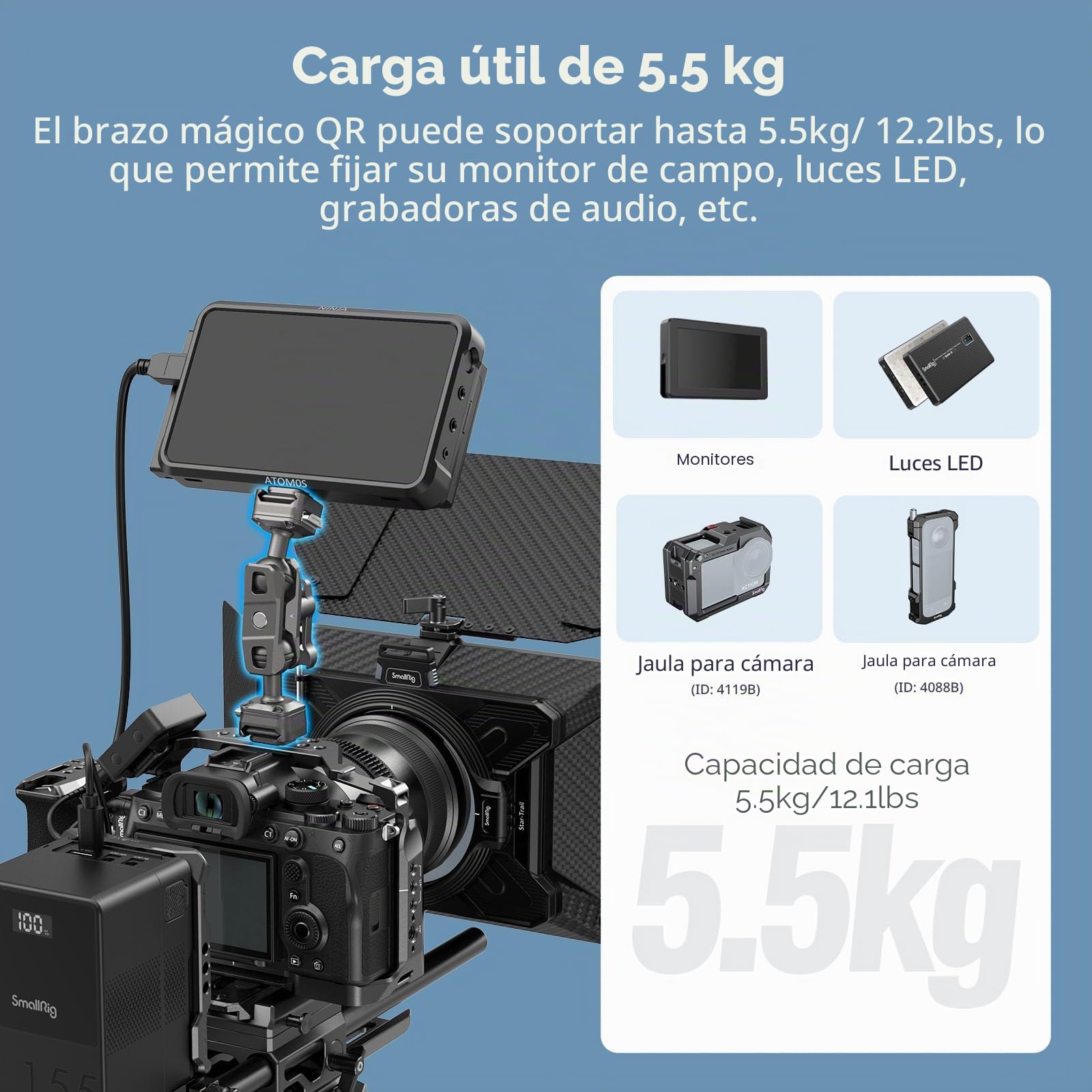 SMALLRIG Brazo Mágico de Liberación Rápida con Cabezal Esférico de 360°, con Tornillos de 1/4”-20 y Pasadores de Ubicación Desmontables, Carga Util Máxima de 5,5 kg/12,1 LB, HawkLock H21-4488