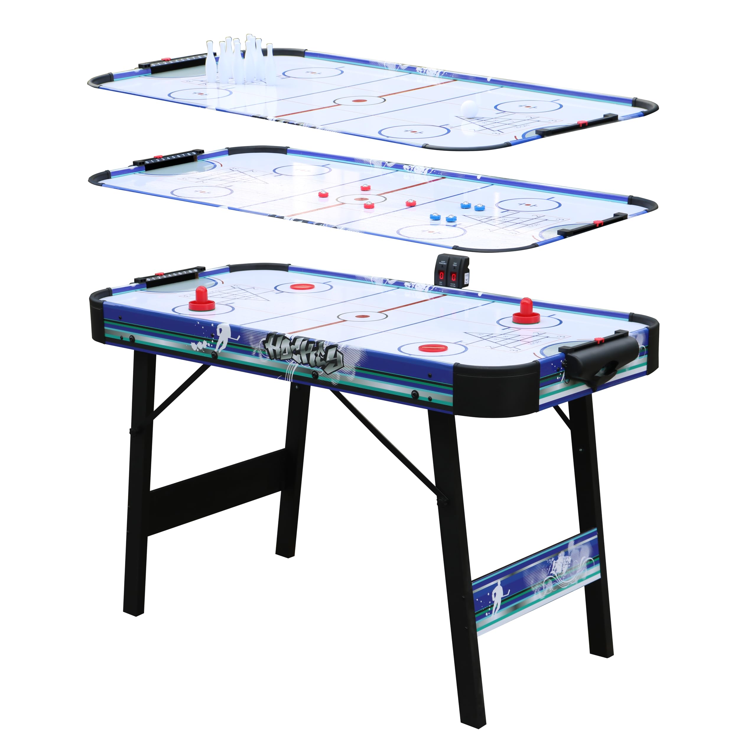 HLC Air Hockey Table Foldable 4.5/4FT Powered Electronic Hockey Game Table with Shuffleboard Bowling Indoor with All Accessories for Adults and Kids