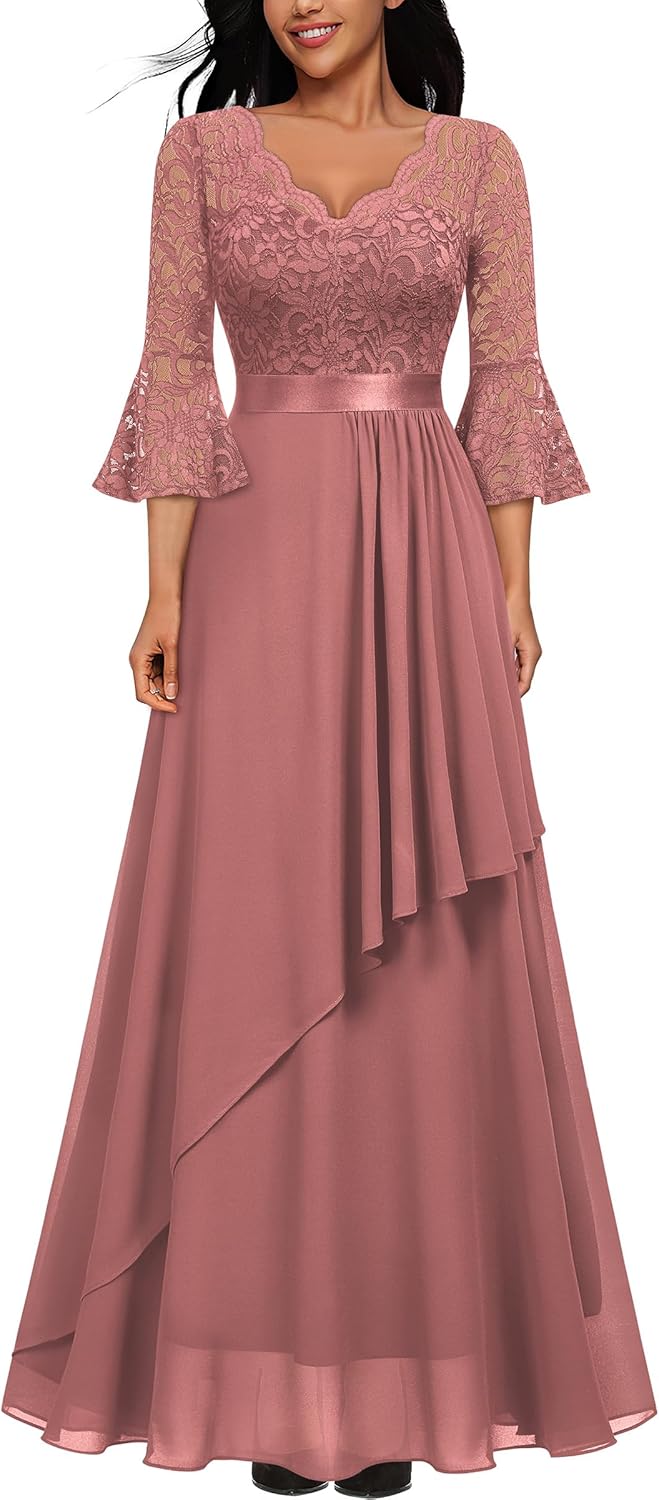 MISSMAY Women's Elegant V-Neck Floral Lace Bell Sleeve Wedding Party Maxi Dress