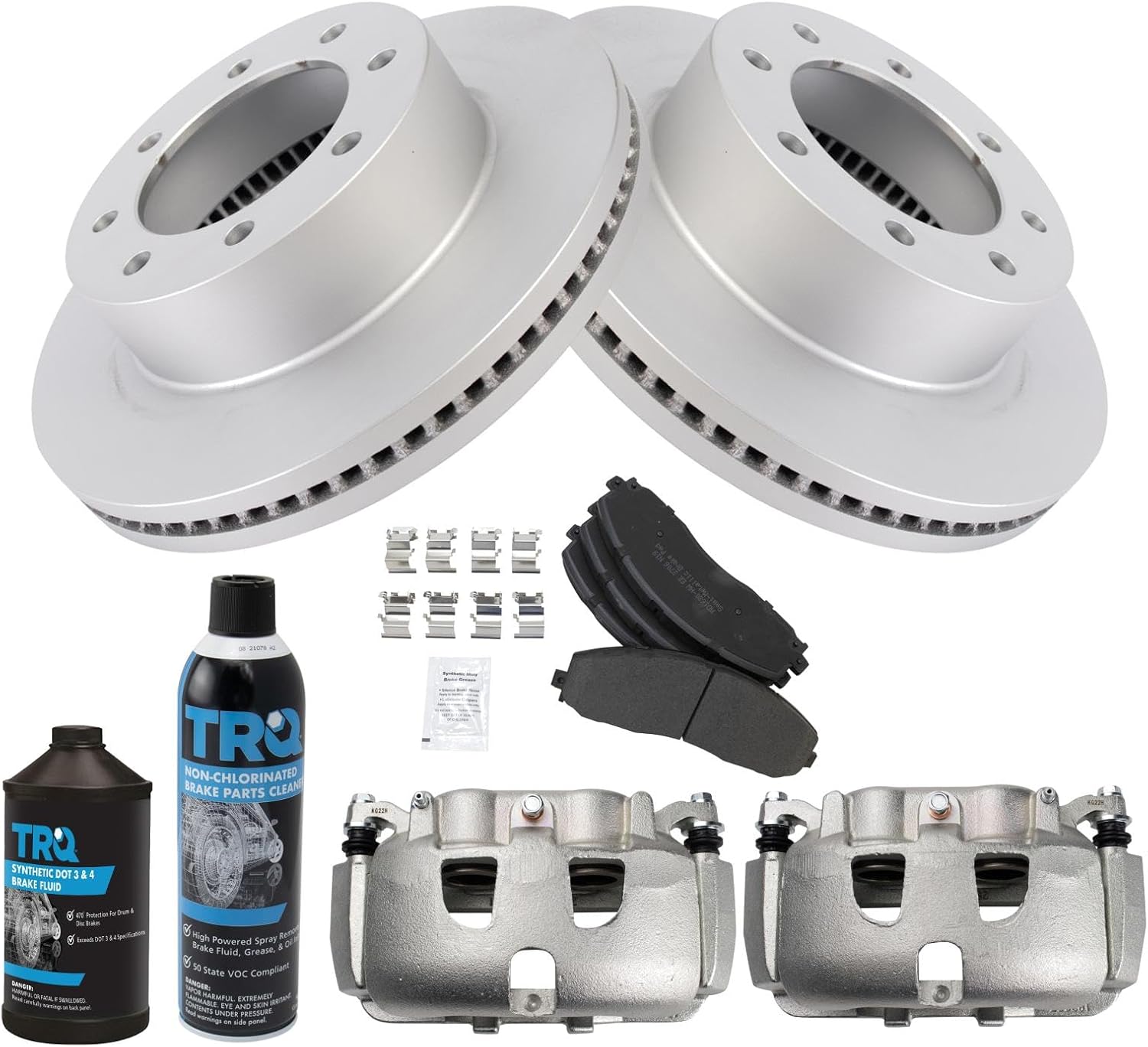 TRQ Front Brake Pad & Rotor Kit Brake Caliper Brake Chemical Kit Brake Pads Brake Rotor Semi-Metallic Premium G-Coated Compatible with 2013-2019 Ford F-250 Super Duty F-350 Super Duty