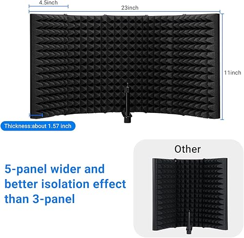 Miniatura 5 de Topnaca Escudo de aislamiento de micrófono, protector de micrófono plegable profesional de 5 paneles, espuma absorbente de alta densidad para