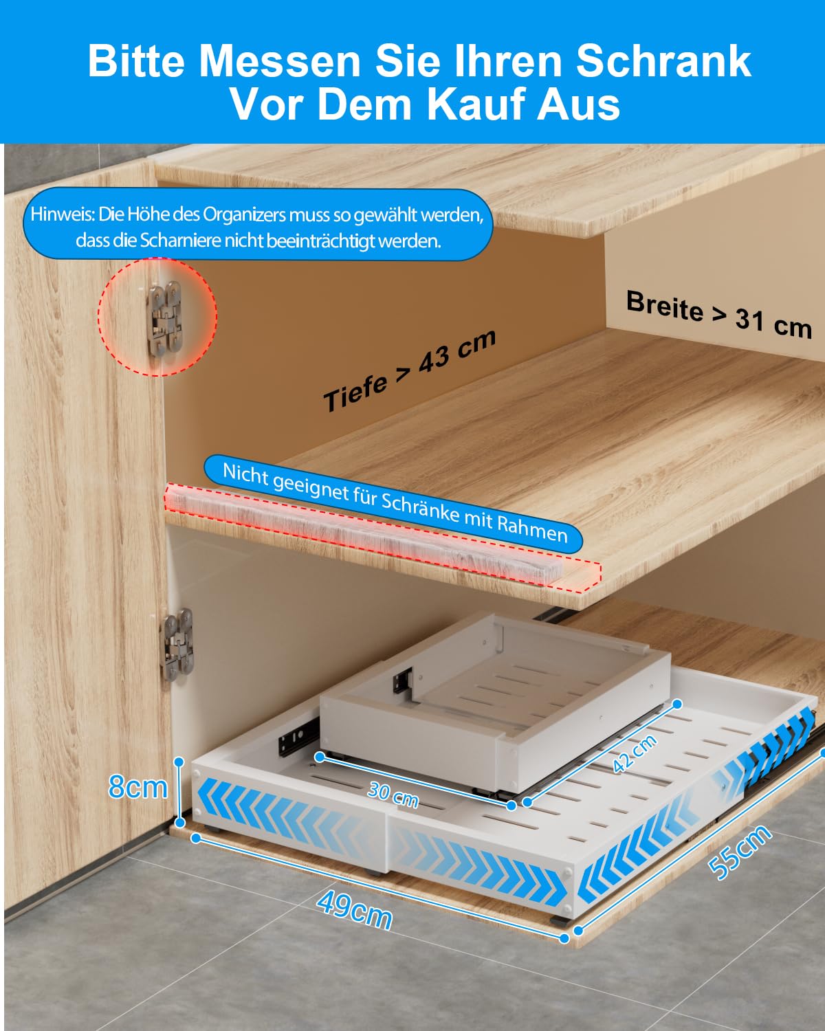 2 Stück Ausziehbare Schublade Küche,Metall 4 Richtungen Verstellbare Teleskopschublade,Breite 30-49 cm&Tiefe 42-55 cm,Schraub-/Klebemontage,Küchenschrank Organizer Ausziehbare,Weiß