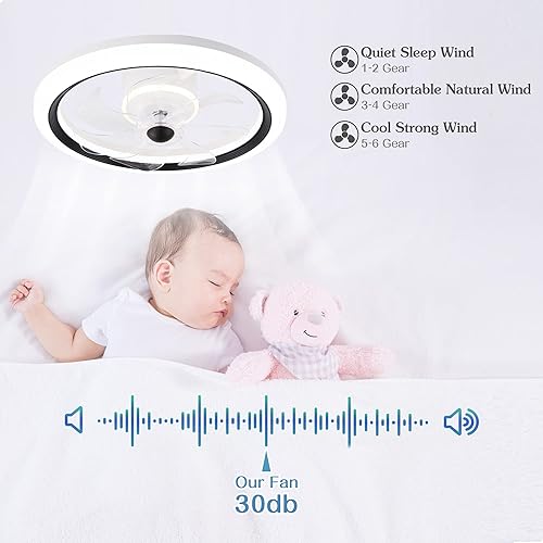 Miniatura 5 de Ventilador de techo de perfil bajo con luz, LED inteligente de 20 pulgadas regulable de montaje empotrado moderno ventilador de techo interior con