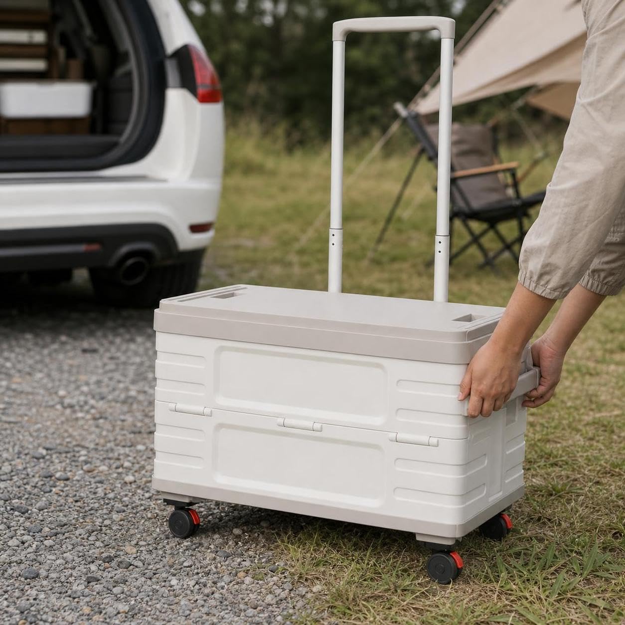Camping Aufbewahrungsbox Faltbar mit und Rollen, Kofferraum Organizer für Outdoor, für Picknick, Cremeweiß [52L] Camping-Schiebebox – auslaufsicherer Deckel
