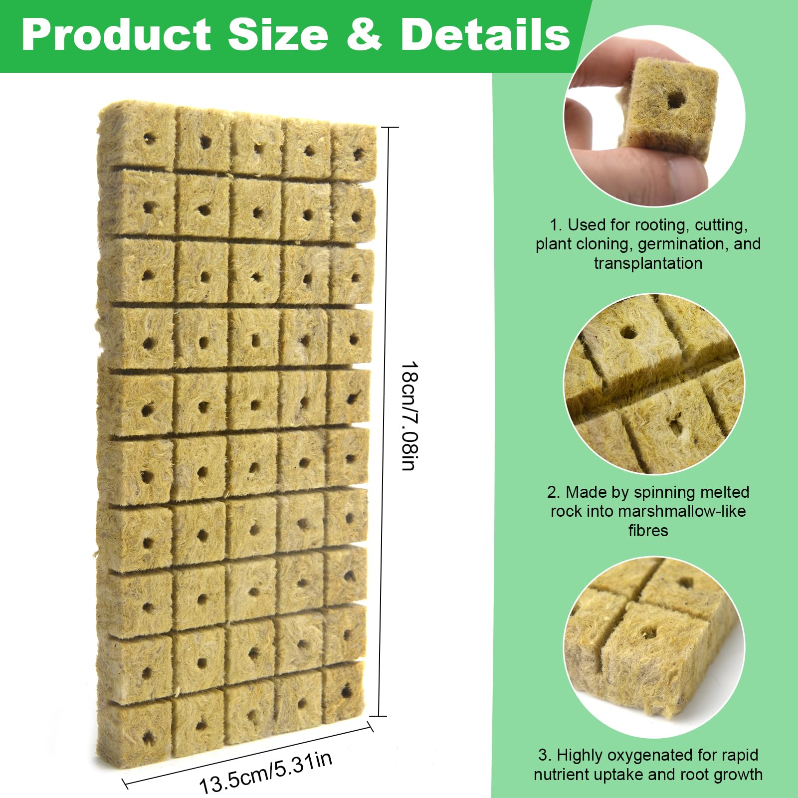 Cubos de cultivo de lana de roca de 100 agujeros de 25 x 25 x 25 mm, cultivo hidropónico de invernadero, sin suelo, base de compresa, cubos de inicio de lana de piedra para el inicio de
