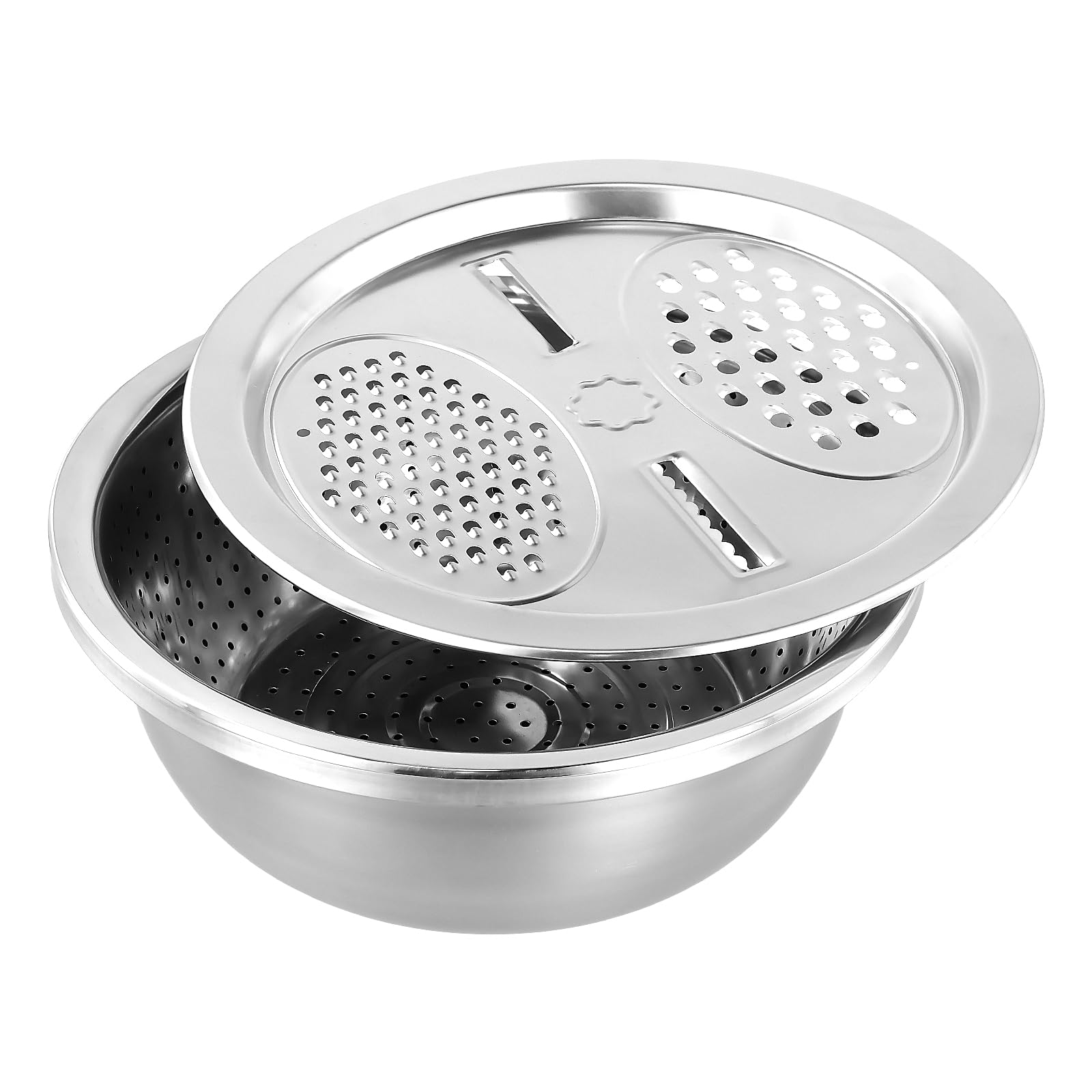FUNSUEI Set di 3 colino per pasta in acciaio inox, ciotola con grattugia e colino, colino da cucina, colino per insalata, scolapasta in acciaio inox, ciotola per il lavaggio di verdure, frutta,