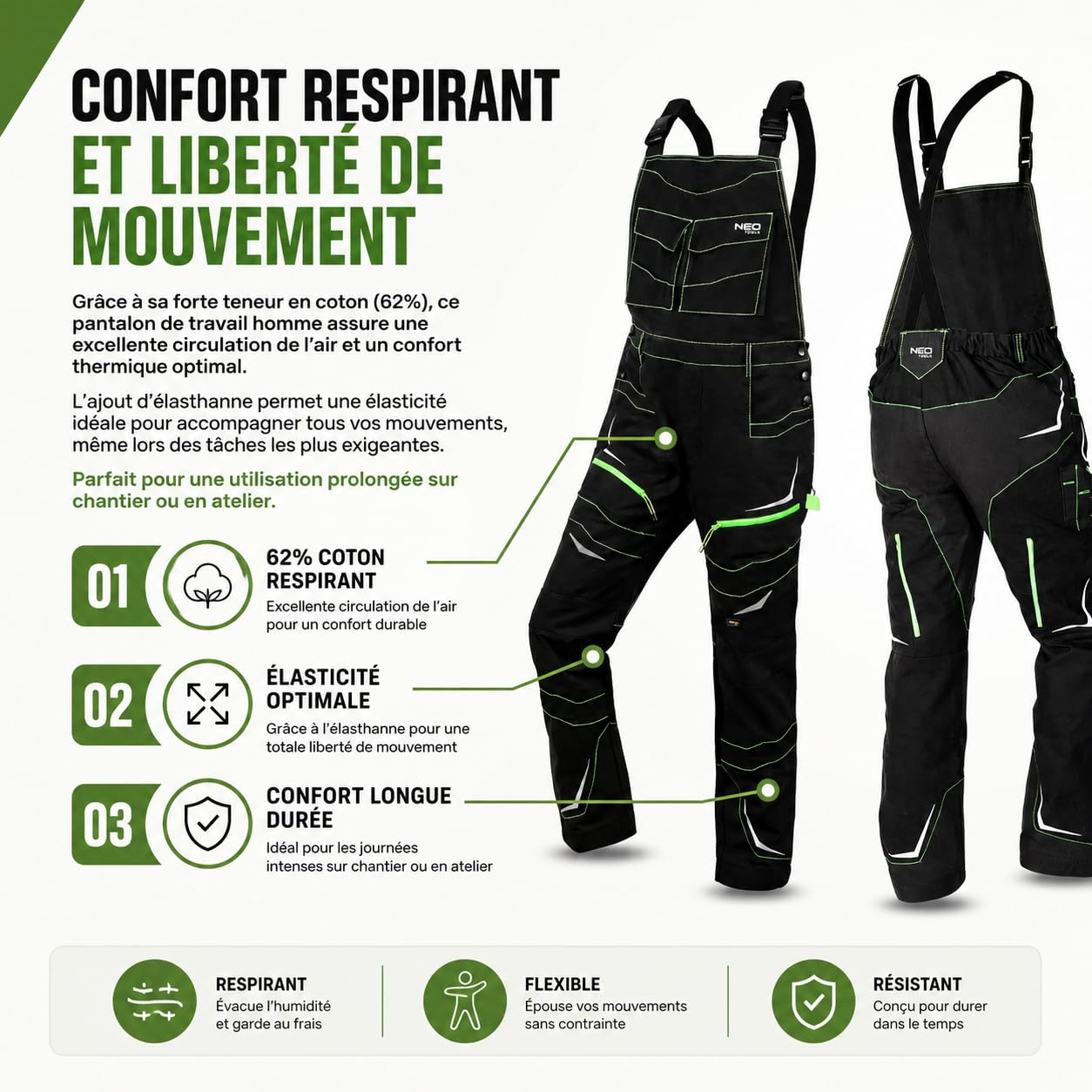 NEO TOOLS Pantalon à bretelles Pro de qualité supérieure, 100% toile de coton, 425 g/m², renfort en Cordura NYCO sur les poches, les genoux, l'arrière et le bas des jambes