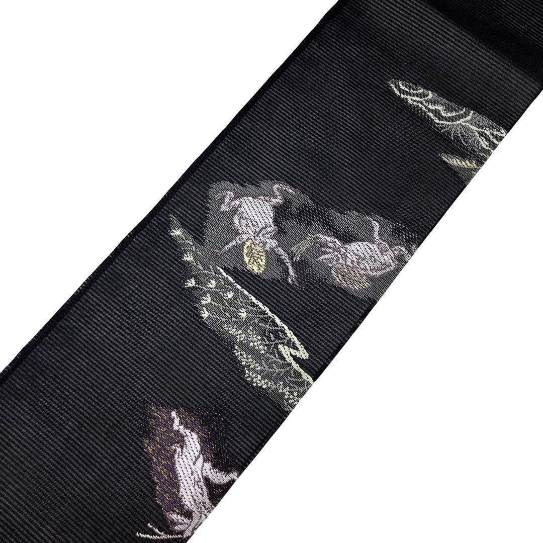 夏帯 名古屋帯 絽 西陣 沢本織物 鳥獣戯画 証紙付 黒色 O-2833 夏帯 名古屋帯 絽 西陣 沢本織物 鳥獣戯画 証紙付 黒色 O-2833ps