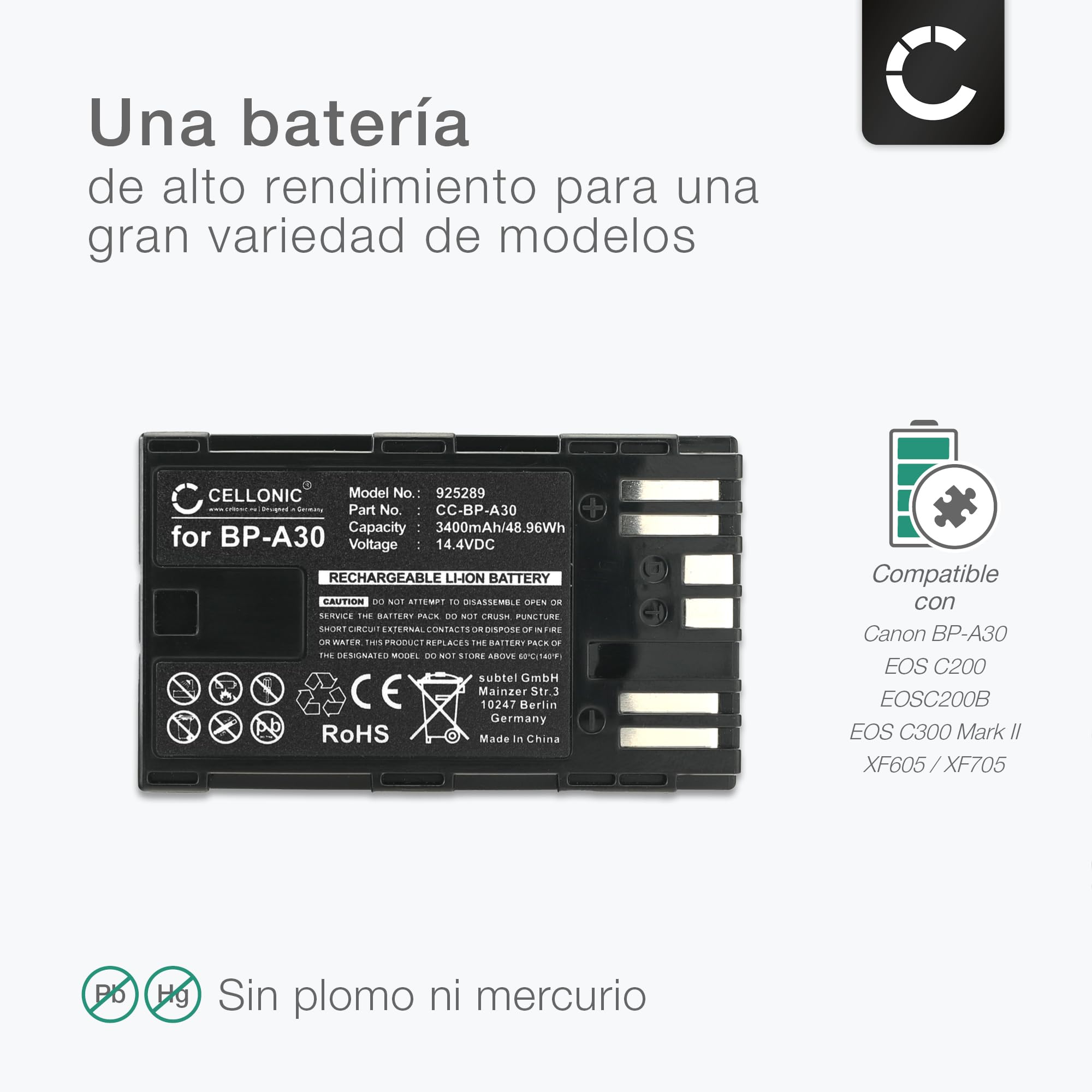 CELLONIC 2X Batería Compatible con Canon XF605, XF705, CA-CP200L, BP-A30