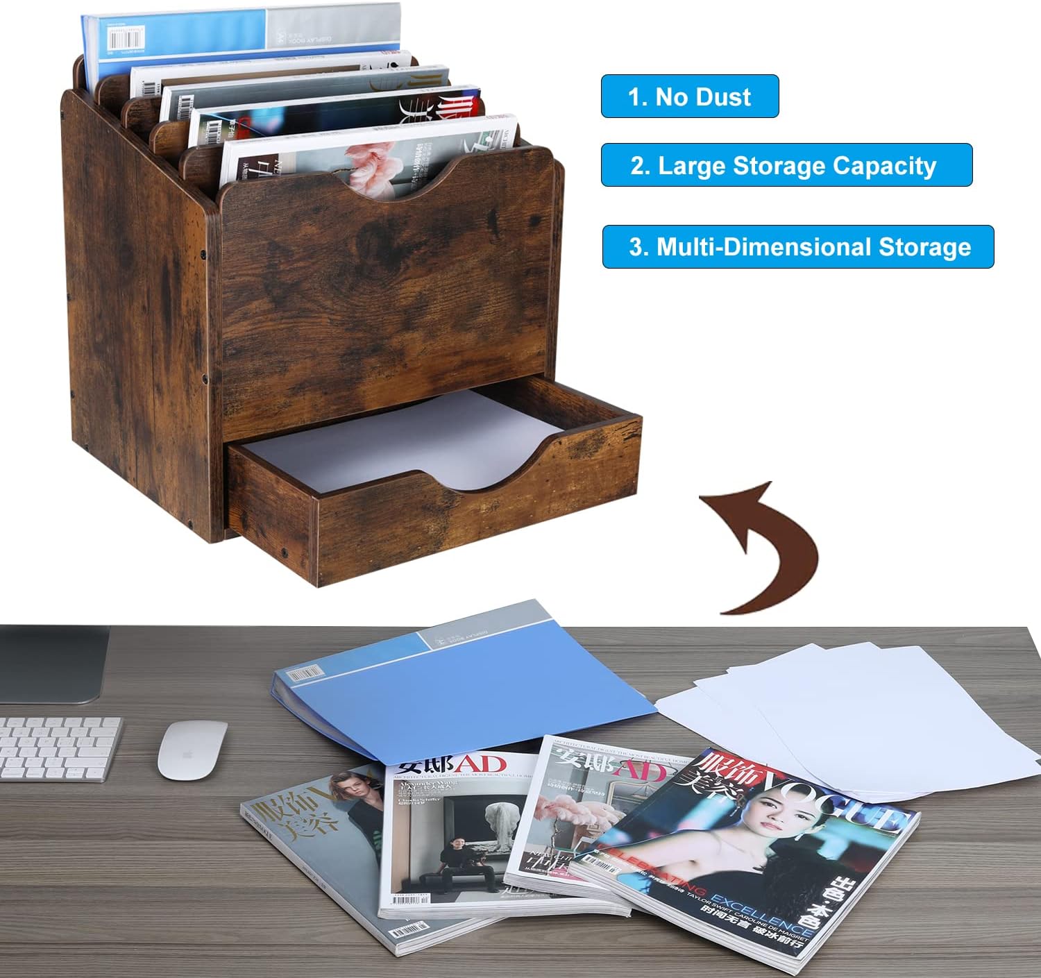 PAG Wood Desktop File Holder Organizer Mail Sorter with Drawer, for File Folders, Mails, Envelopes, Mailing Supplies or Magazines, 6 Compartments, Antique Brown