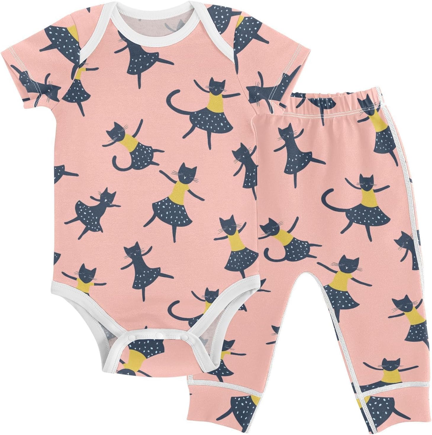 vvfelixl Baby Clothes Cat Lady Dancing Baby Bodysuits Set Unisex Short Sleeve Babys Pants Sets 0-3M