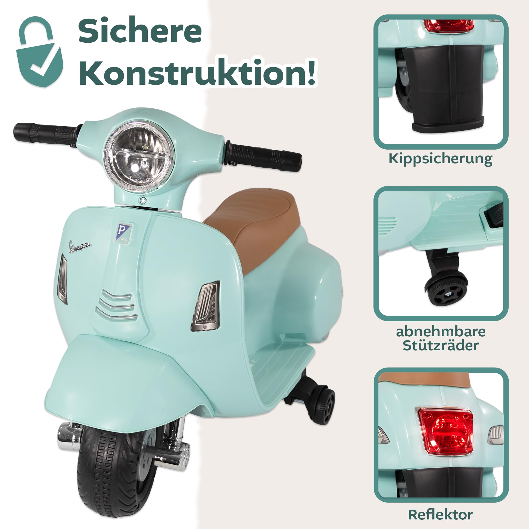 LEMODO Elektrofahrzeug Vespa in grün, Kinder Motorrad ab 18 Monate, Elektromotorrad mit Licht und Sound, Kinderroller mit abnehmbaren Stützrädern, Lizenziertes Kinderfahrzeug