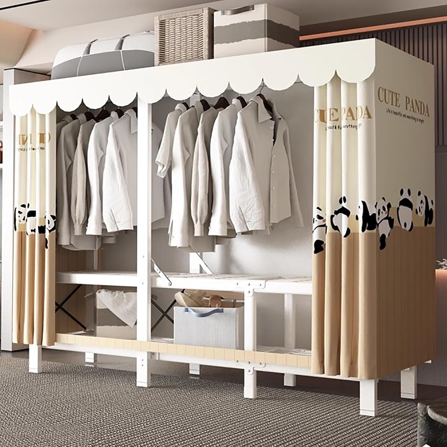 Foldable Portable Closet Wardrobe, Load 2000lbs, Portable Wardrobe Closet, Heavy Duty Clothes Rack, Garment Racks with Cover, for Bedroom, White Frame(C,148cm/58.3in)