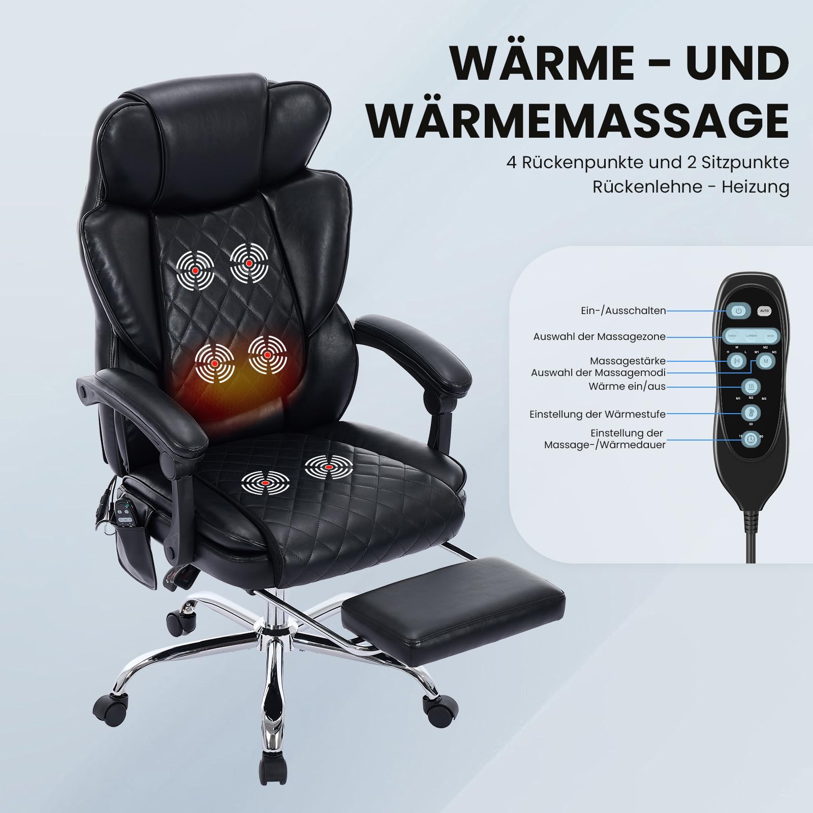 COLAMY Bürostuhl Ergonomisch mit Massagefunktion, Ergonomischer Schreibtischstuhl mit Heizfunktion, Chefsessel mit Fußstütze, 360° Drehstuhl, 94-125° Verstellbarer Rückenlehne, für Office, Schwarz