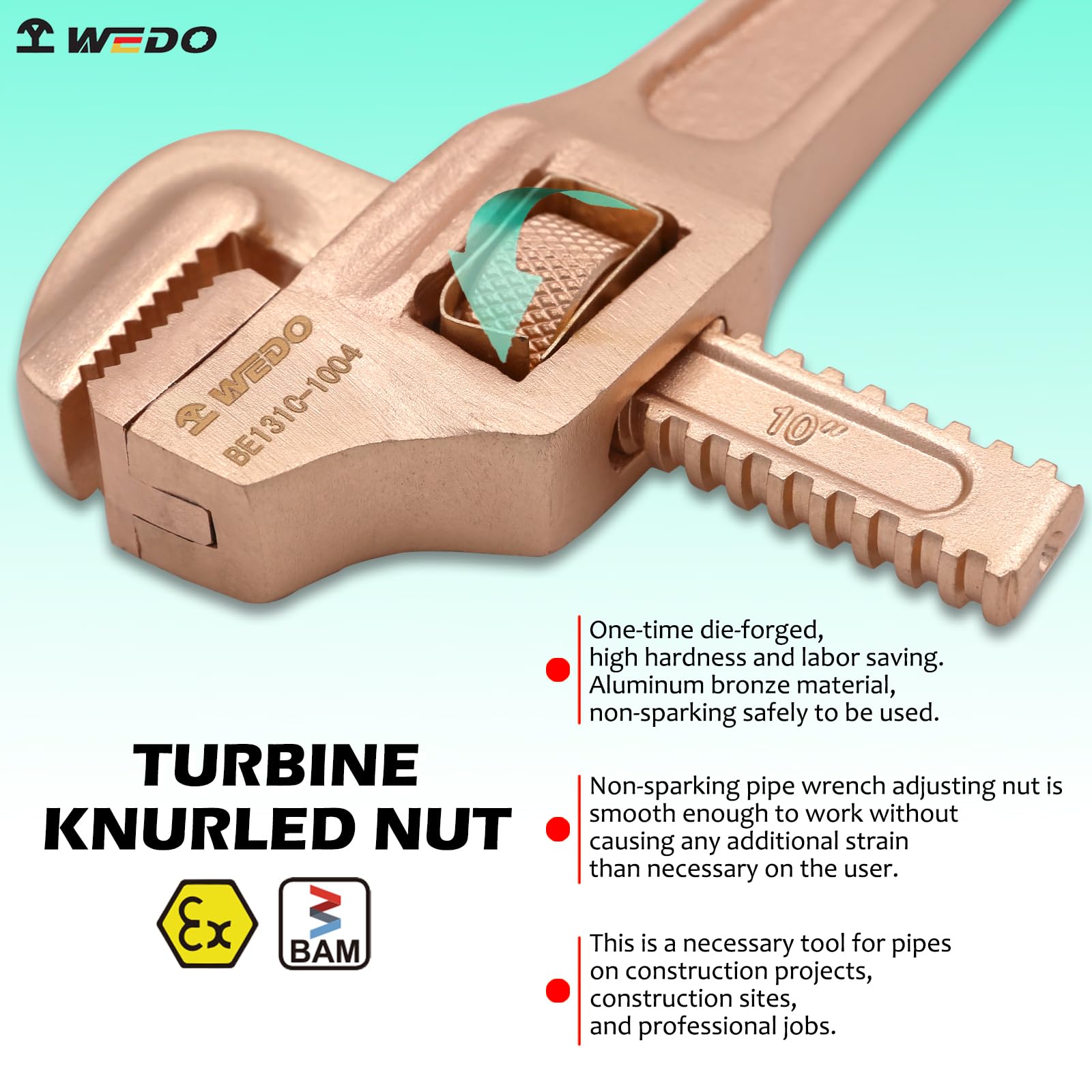 WEDO Nieparkingowy wygięty klucz do rur, beziskrowy prosty klucz hydrauliczny, klucz nastawny bezpieczeństwa bez iskry, miedź berylowa, niemagnetyczny, standard DIN, certyfikat BAM i FM, 15 mm, 60 mm x 375 mm