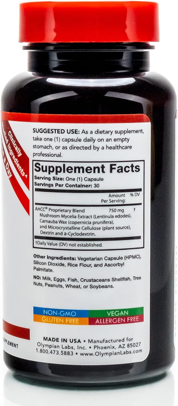 Olympian Labs Premium AHCC Supplement 750mg of AHCC per Capsule Supports Immune Health, Liver Function, and Natural Killer Cell Activity- 30 Capsules