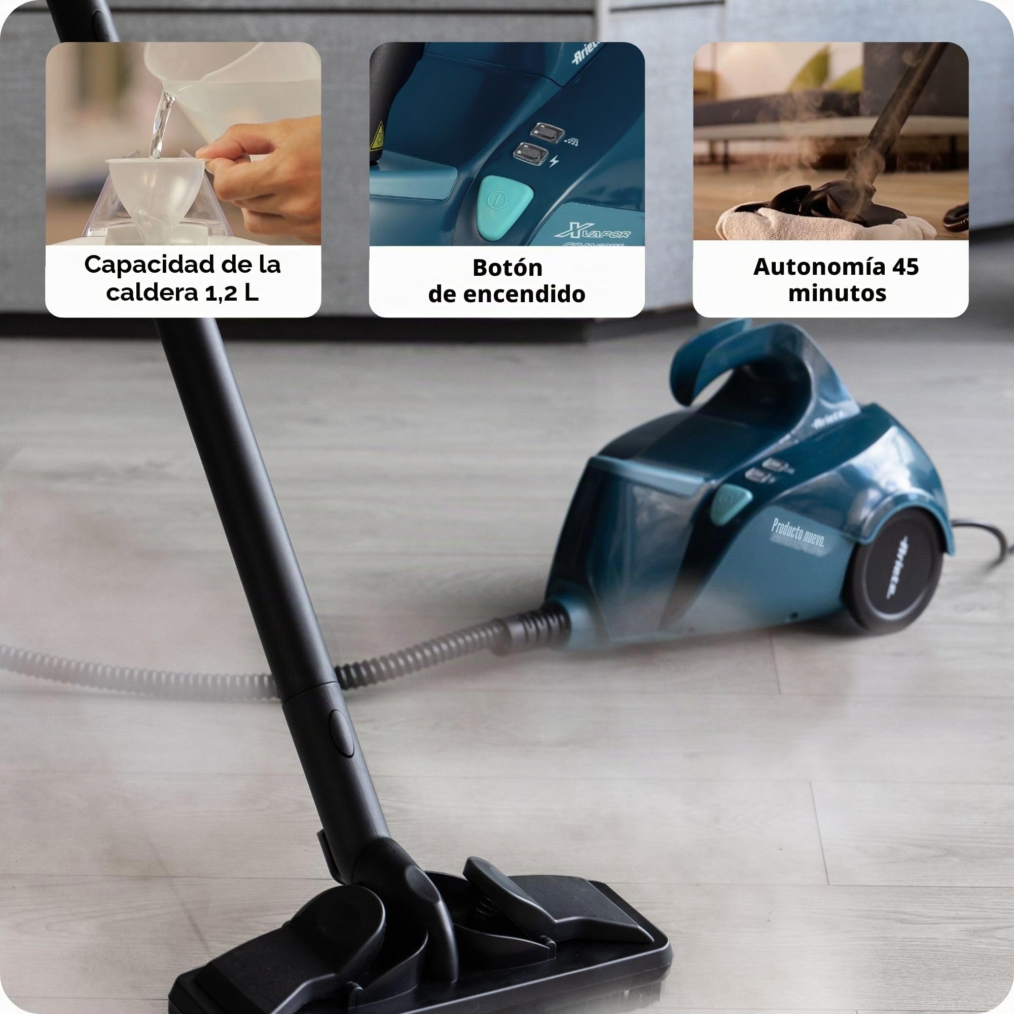 Ariete Limpiador a vapor 4145 XVapor Comfort, mata el 99,9% de gérmenes y bacterias, juego de accesorios, vapor continuo 1500 W, 5 bar, azul