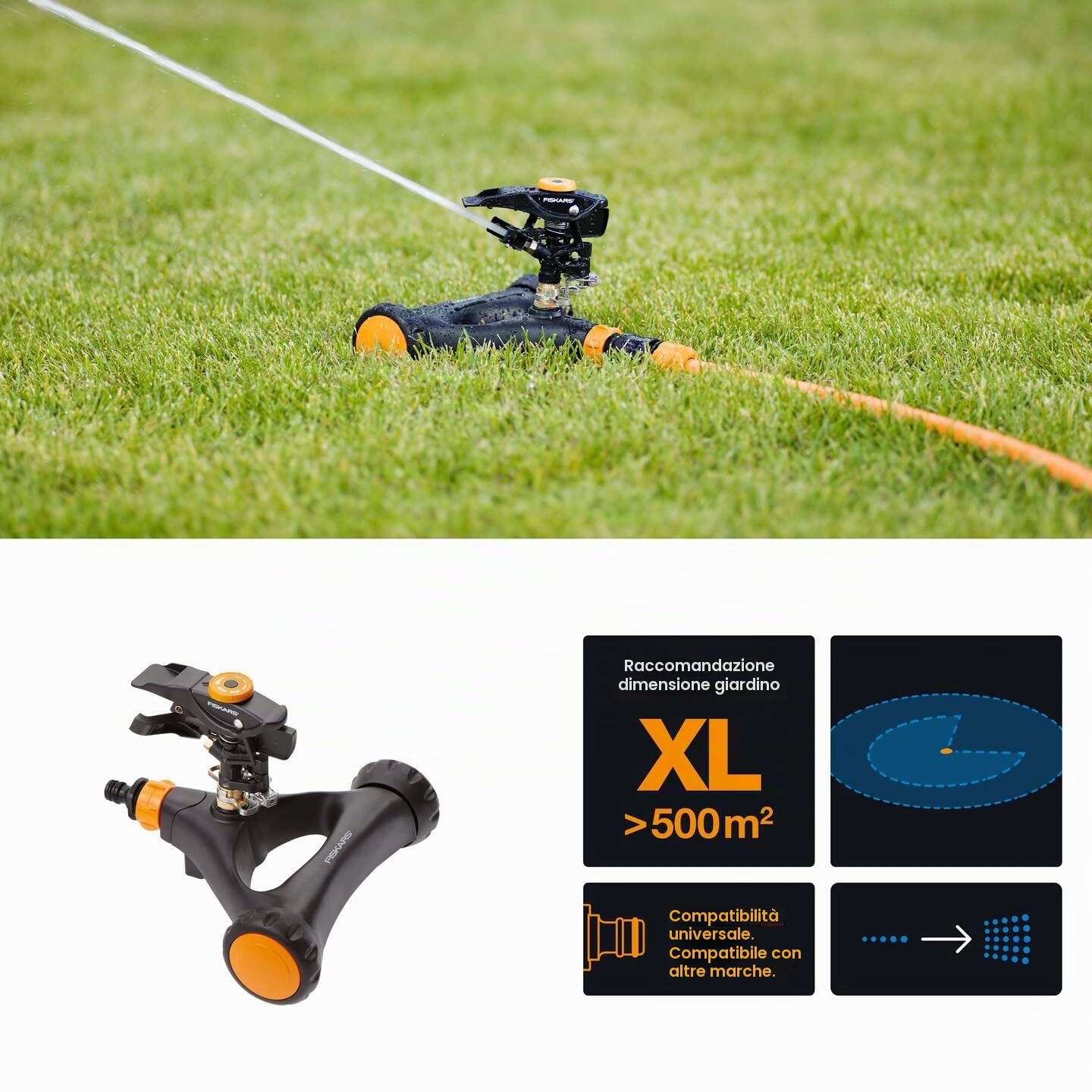 Fiskars Irrigatore a Impulso XL di Metallo con Ruote, Con Distanza | Getto e Rotazione Regolabili, Misura Universale, Portata Ø 26 m, 938 g, Nero/Arancione, 1023656