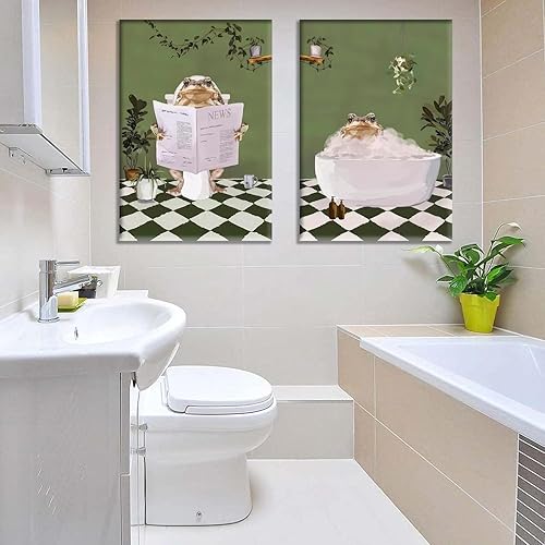 Miniatura 3 de 2 piezas de arte de pared de rana de baño, creatividad, estética, maximalista, verde, pósteres de imágenes de rana en la bañera, pintura en lienzo,